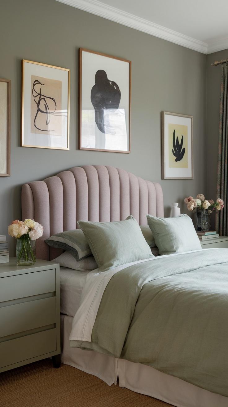 A serene bedroom featuring Farrow & Ball Pigeon paint on the walls, a pink upholstered headboard, and green bedding.