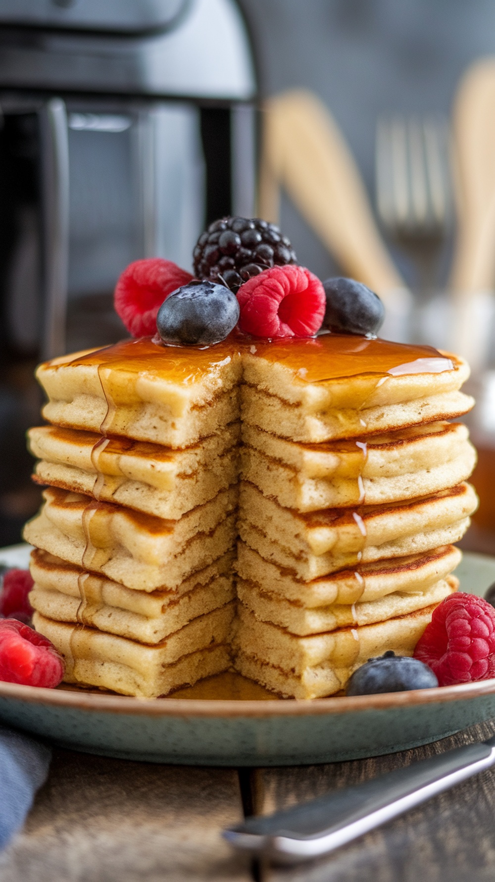 Deliciously stacked fluffy pancakes with syrup and fresh berries.