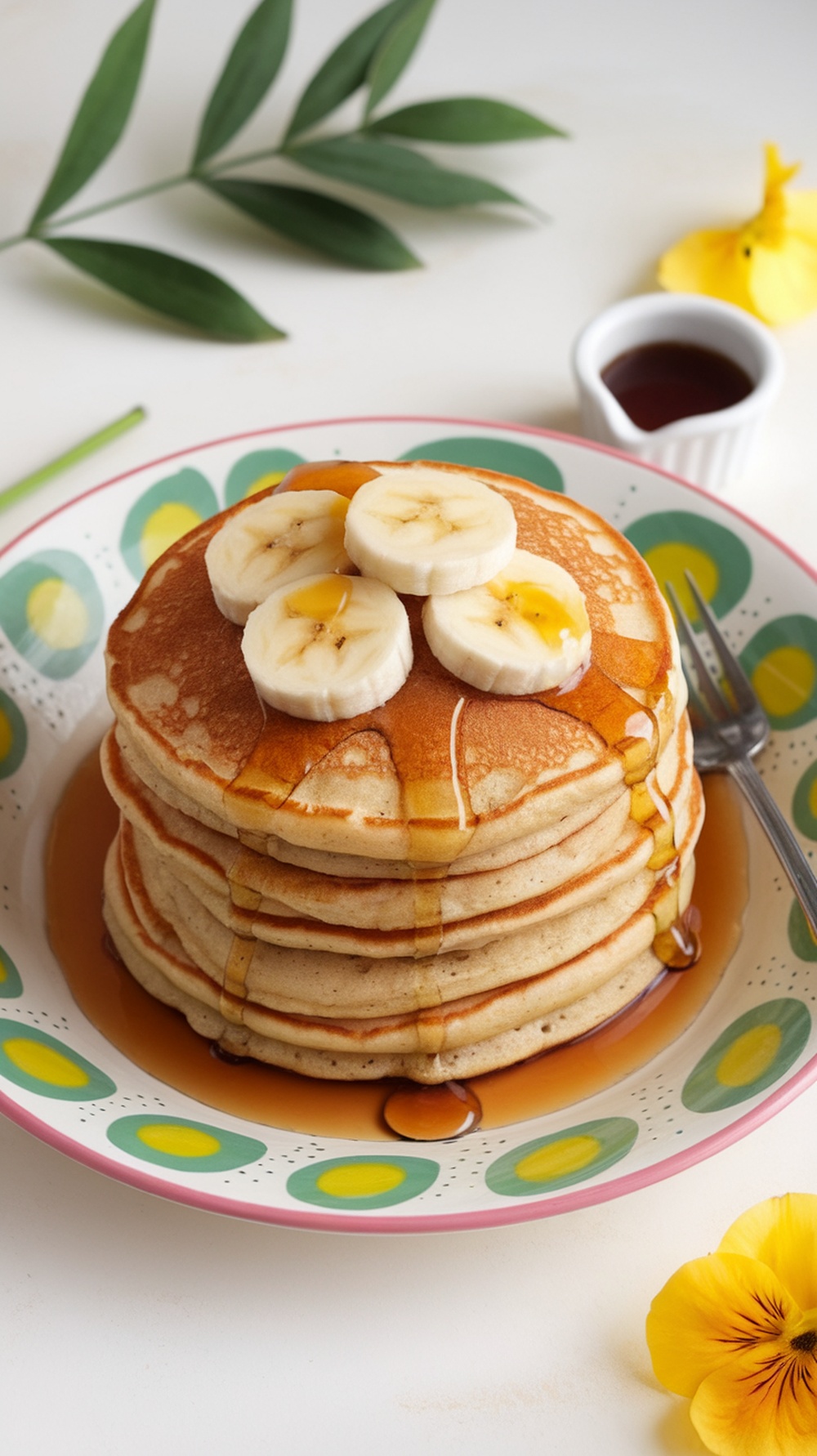 A stack of fluffy banana pancakes topped with banana slices and syrup.
