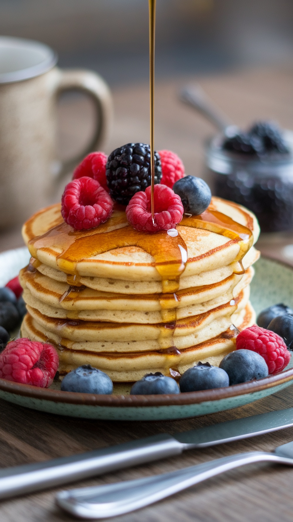 A stack of fluffy vegan pancakes topped with berries and maple syrup.