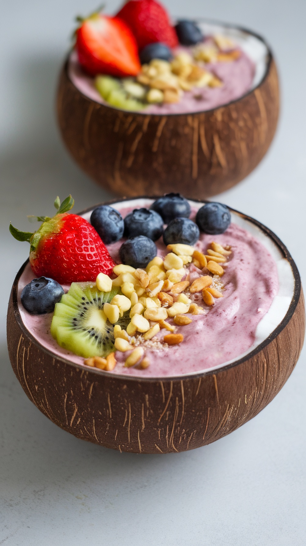 A vibrant fruit smoothie bowl topped with fresh fruits and granola.