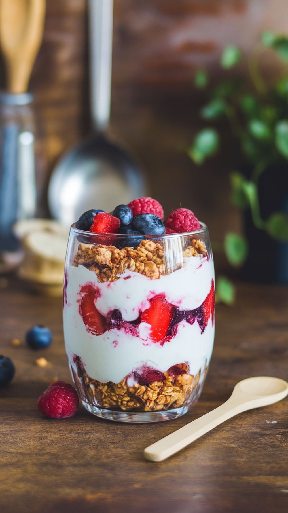 A delicious Greek yogurt parfait layered with berries and granola
