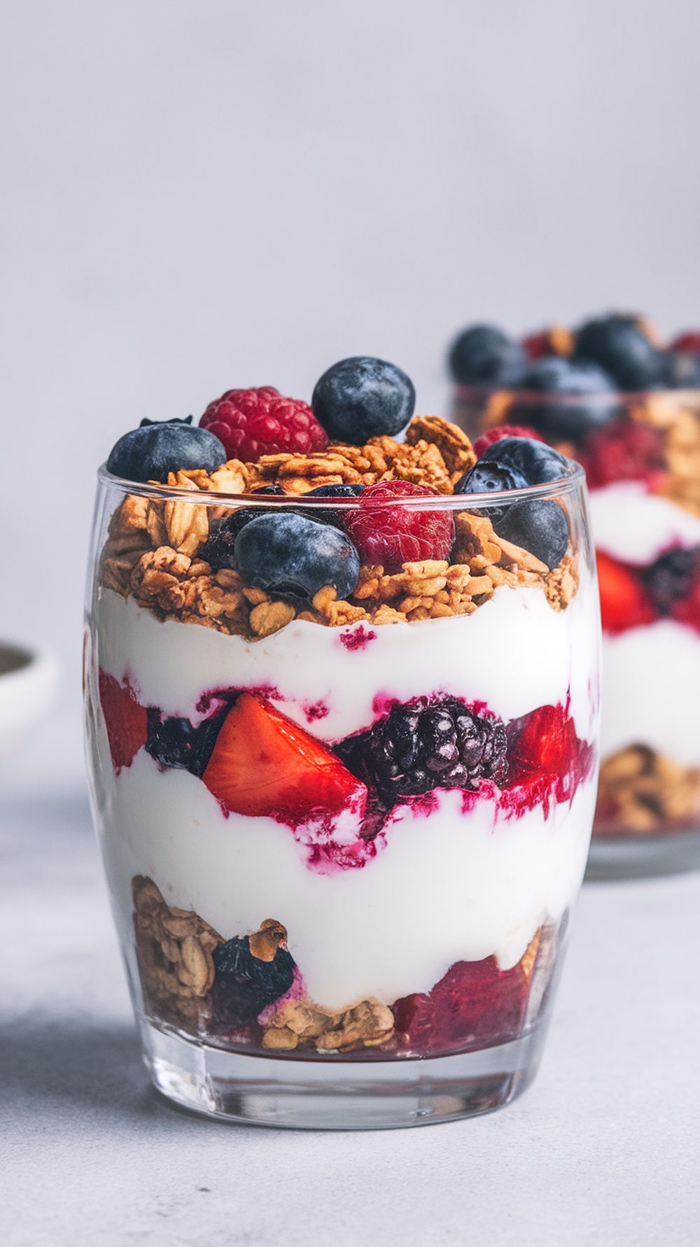 A delicious Greek yogurt parfait layered with fresh berries and granola.