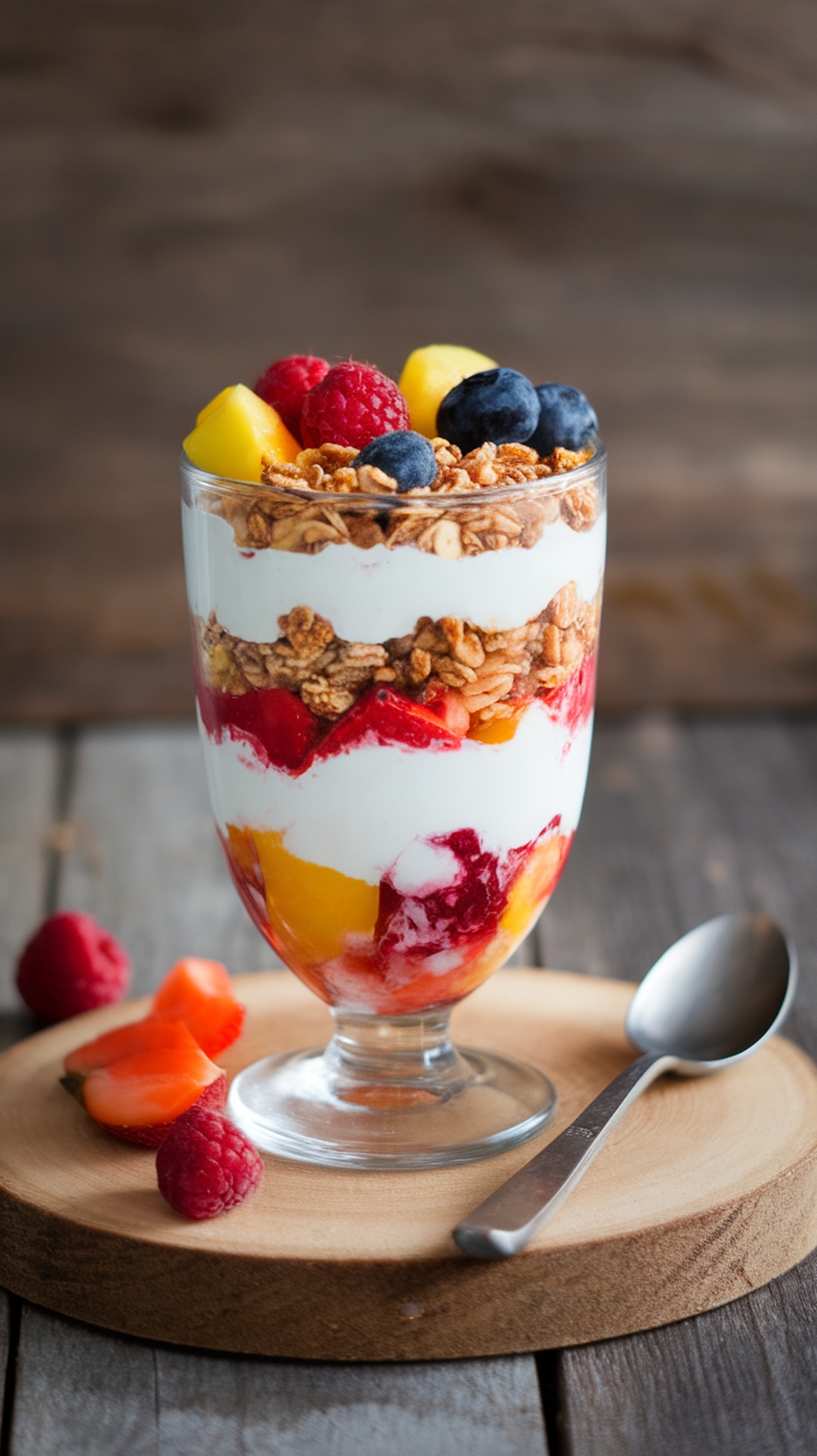 A delicious Greek yogurt parfait with layers of granola and fresh fruits.