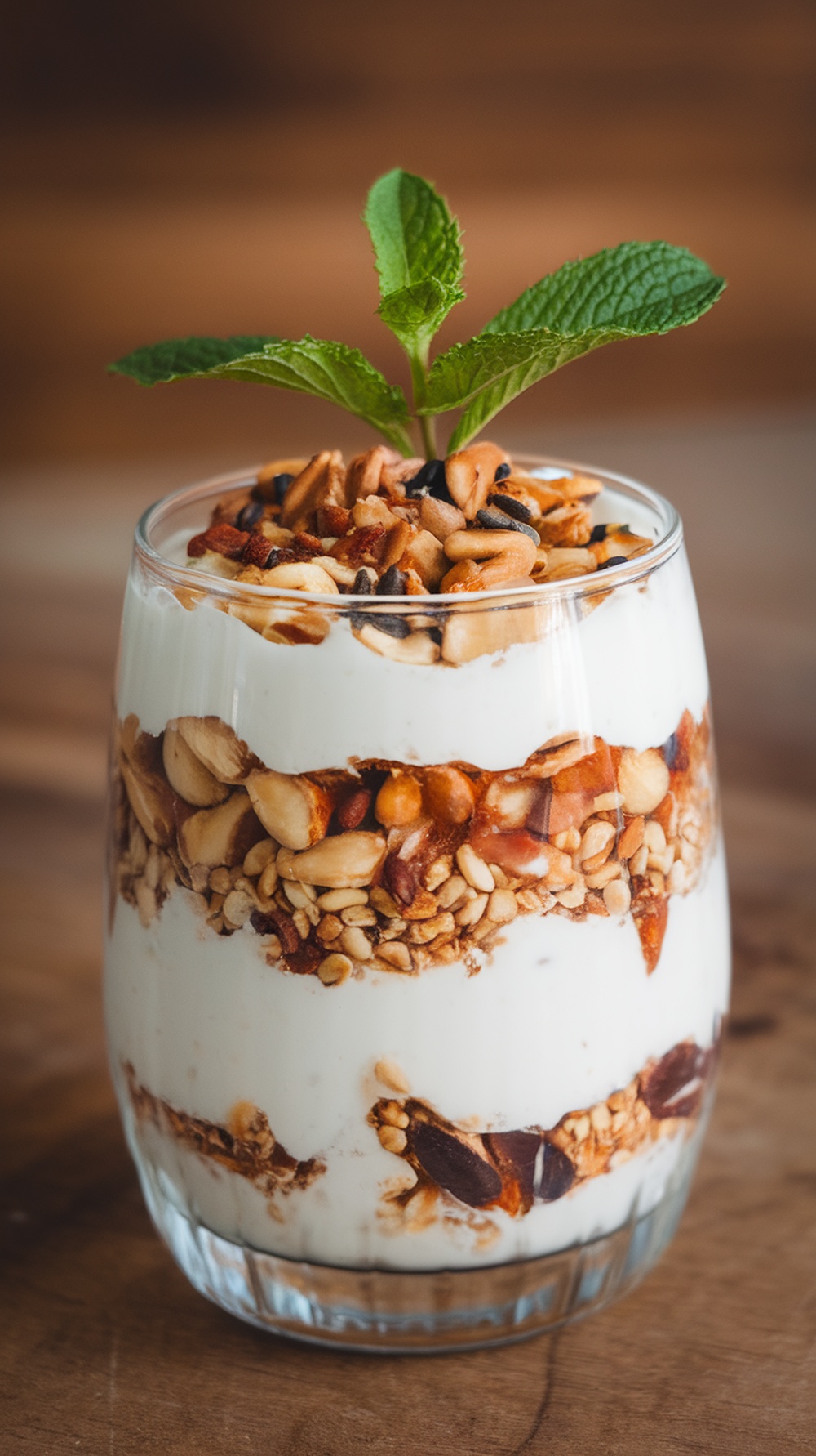 A delicious Greek yogurt parfait layered with nuts and coconut flakes.