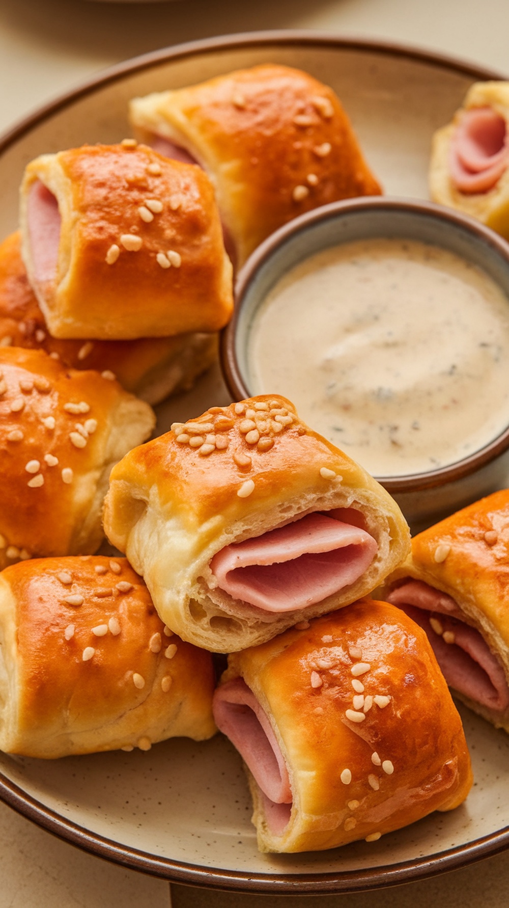 Delicious ham and cheese stuffed crescent roll bites served with a dipping sauce.