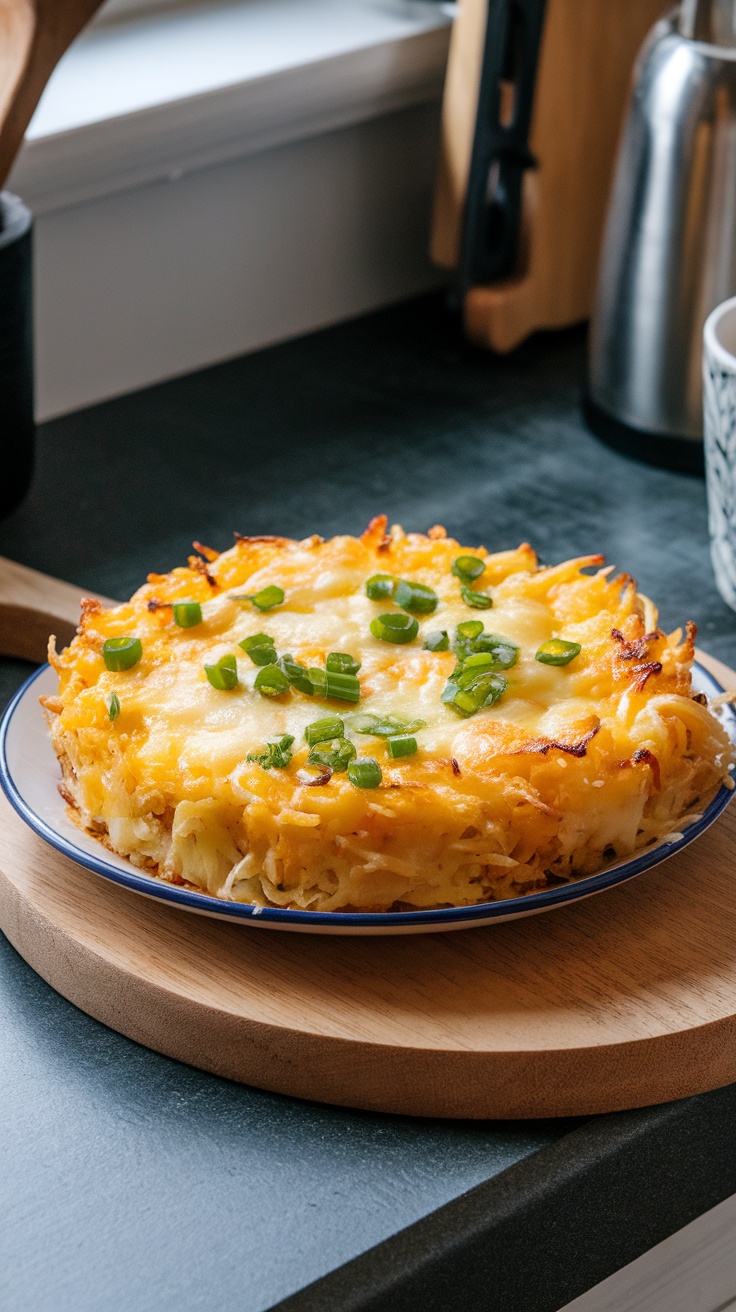 A delicious hash brown breakfast casserole topped with cheese and green onions.