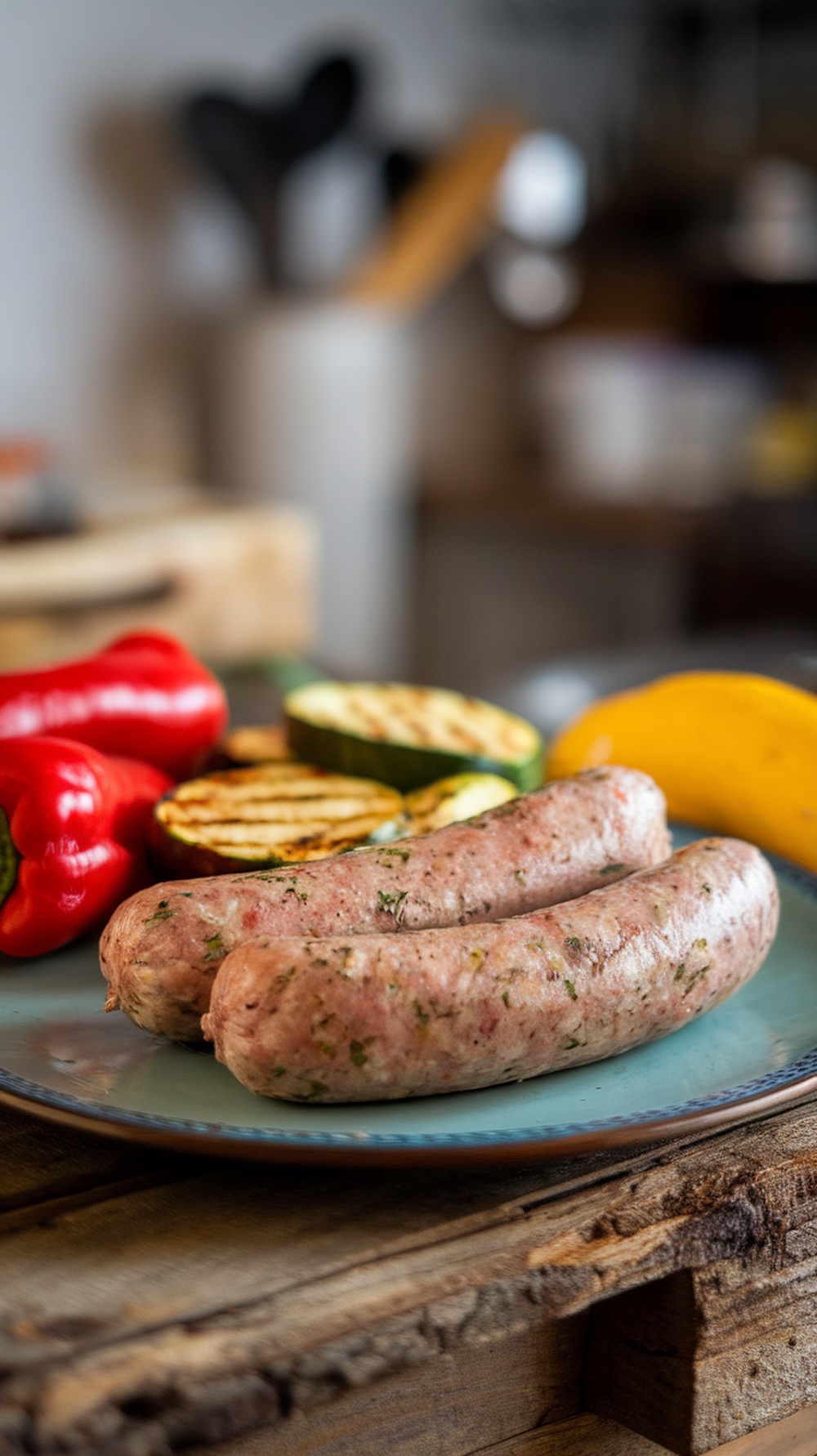 Homemade herbed turkey breakfast sausage links on a plate with colorful vegetables.