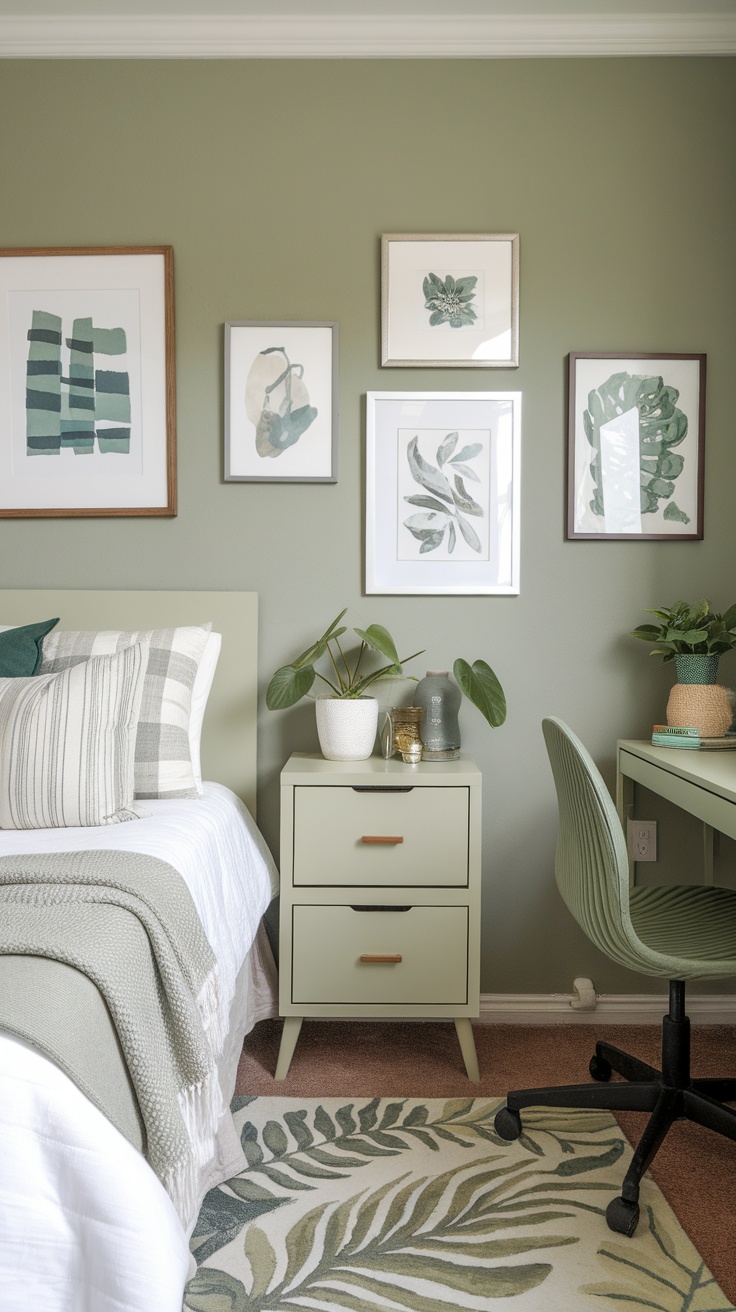 A cozy bedroom with sage green walls, white bedding, and green-themed artwork.