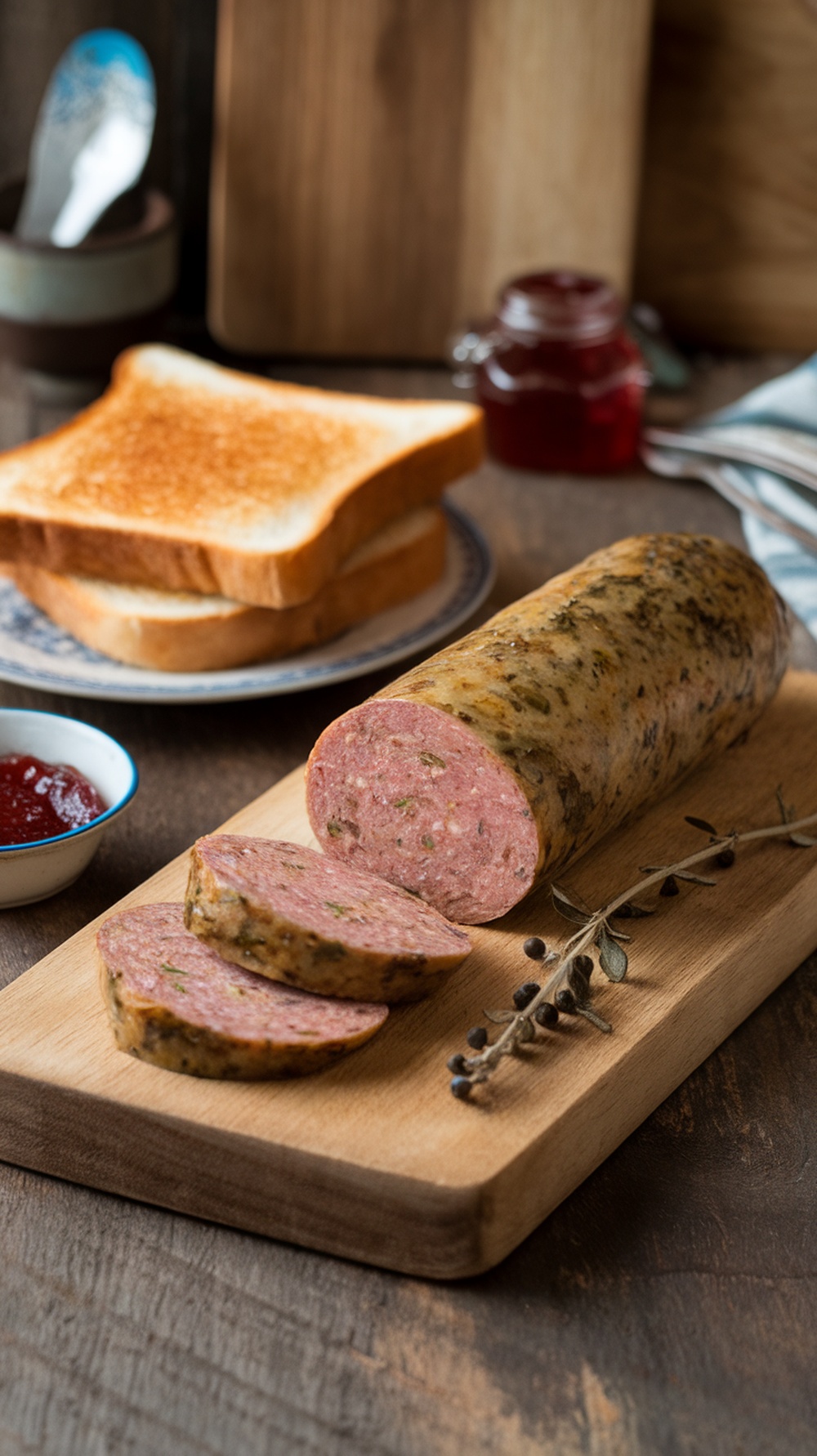 Homemade Italian breakfast sausage sliced on a wooden board, with toast in the background.