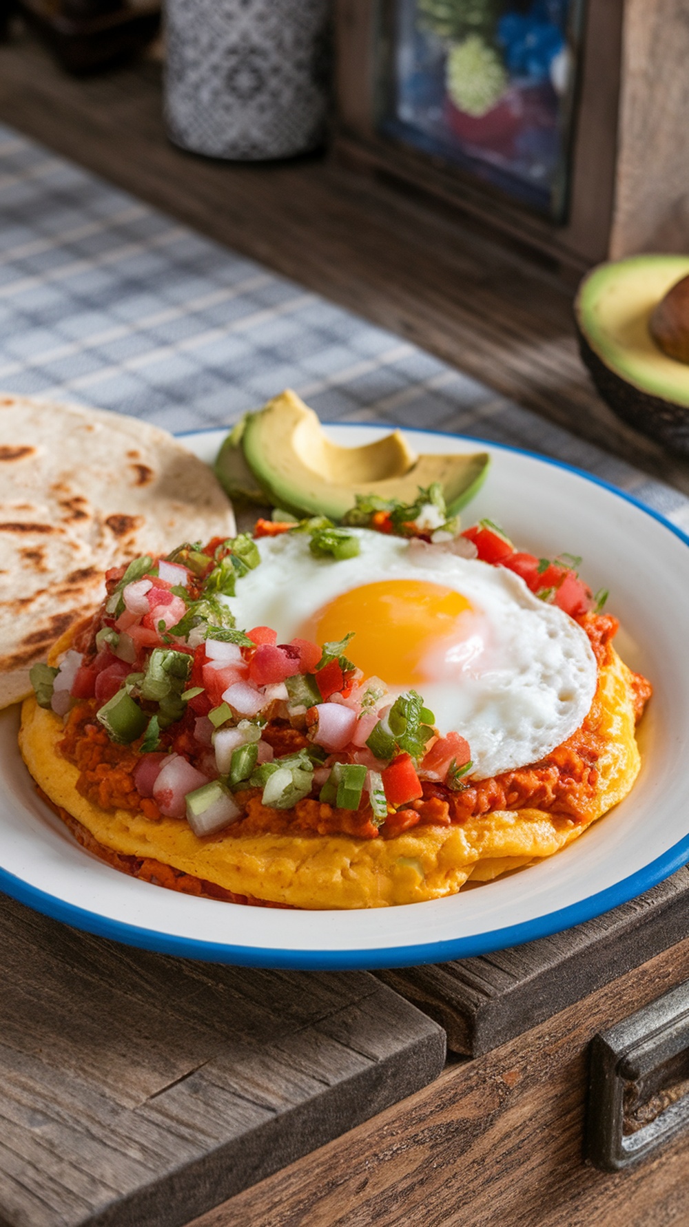 A plate of Huevos Rancheros with a sunny-side-up egg, fresh salsa, warm tortillas, and avocado slices.