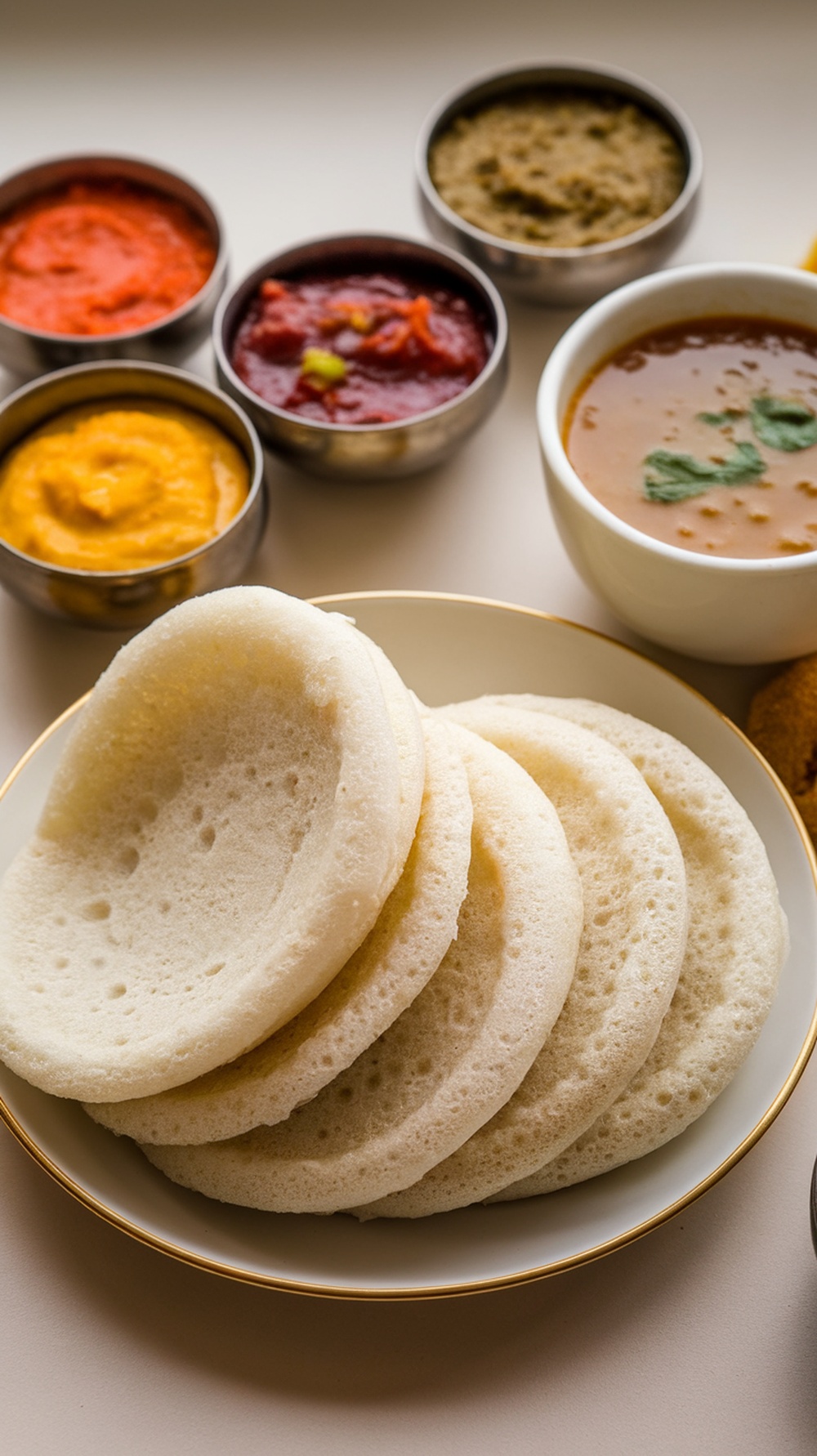 Idli served with sambar and various chutneys in small bowls.
