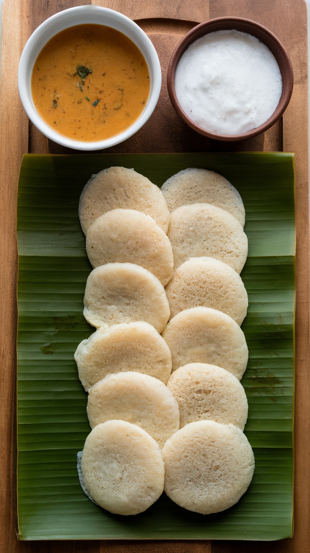 A plate with idlis accompanied by sambar and coconut chutney.