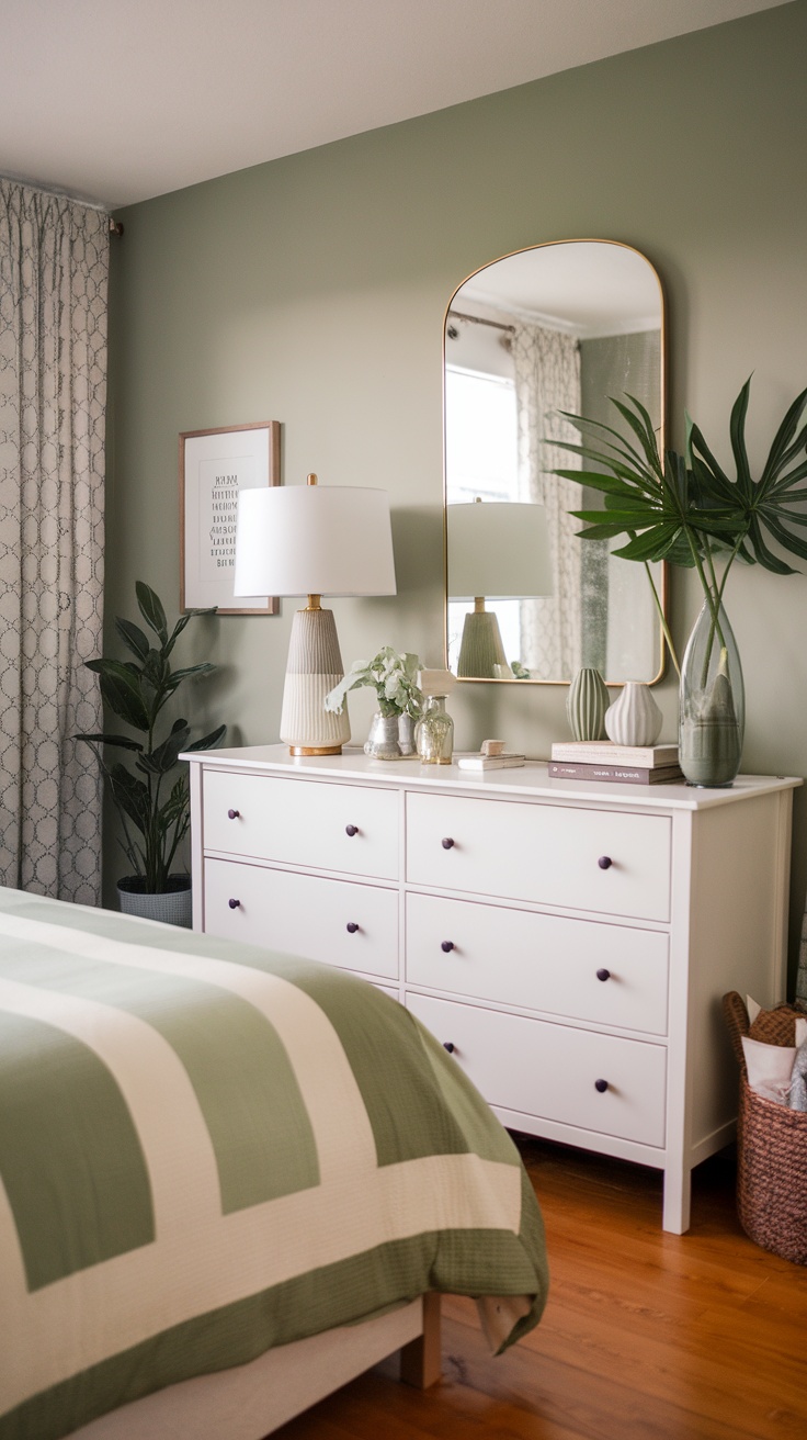 A stylish bedroom featuring a white Ikea Hemnes dresser against a sage green wall, decorated with a lamp, plants, and vases.
