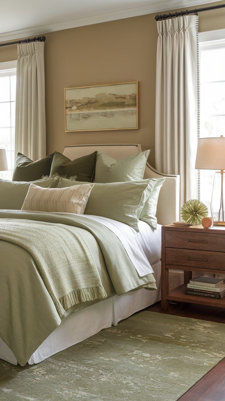 A cozy bedroom featuring a sage green decorative pillow on the bed, surrounded by various green bedding and natural accents.