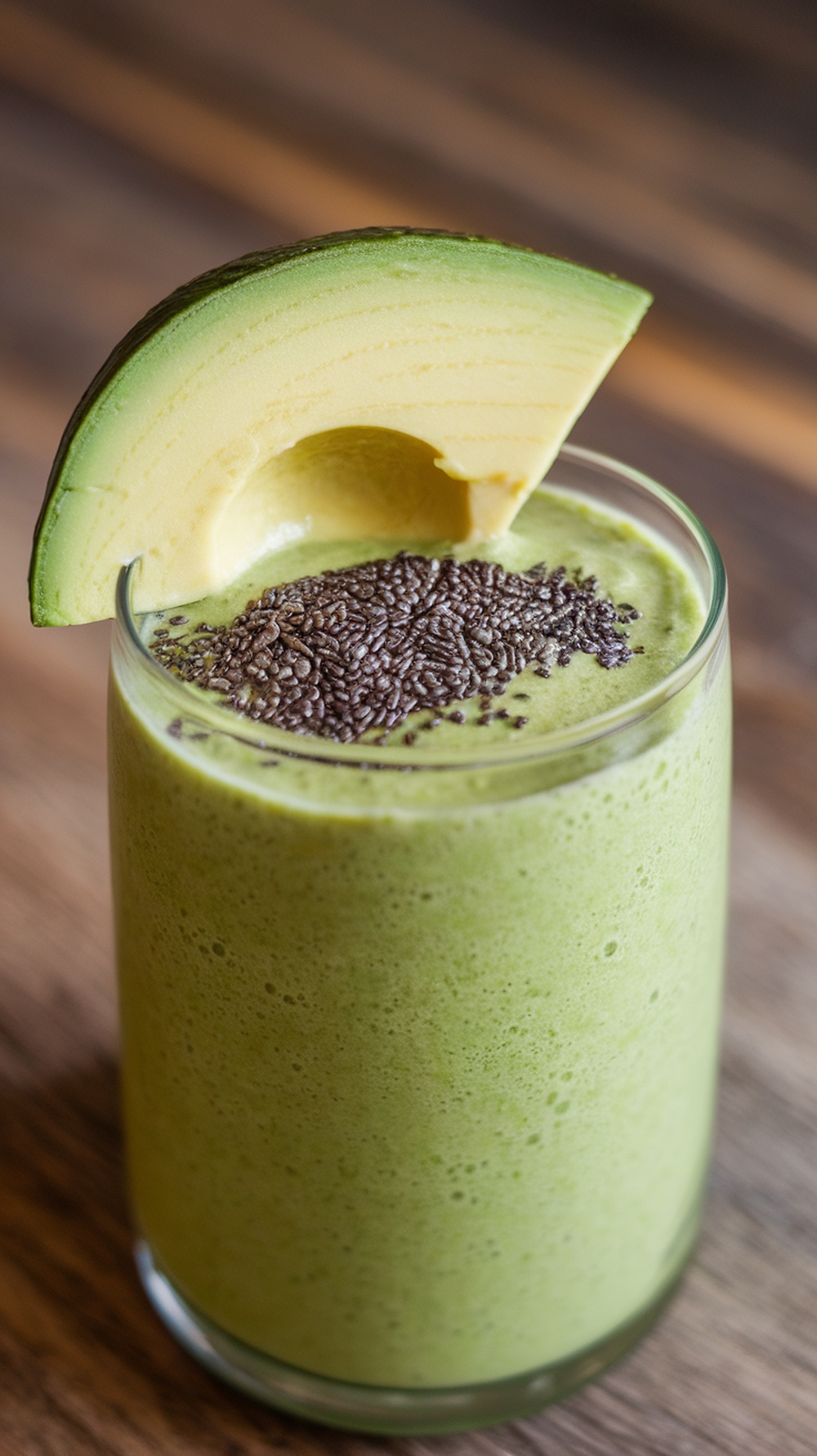 A refreshing green keto breakfast smoothie made with avocado and topped with chia seeds.