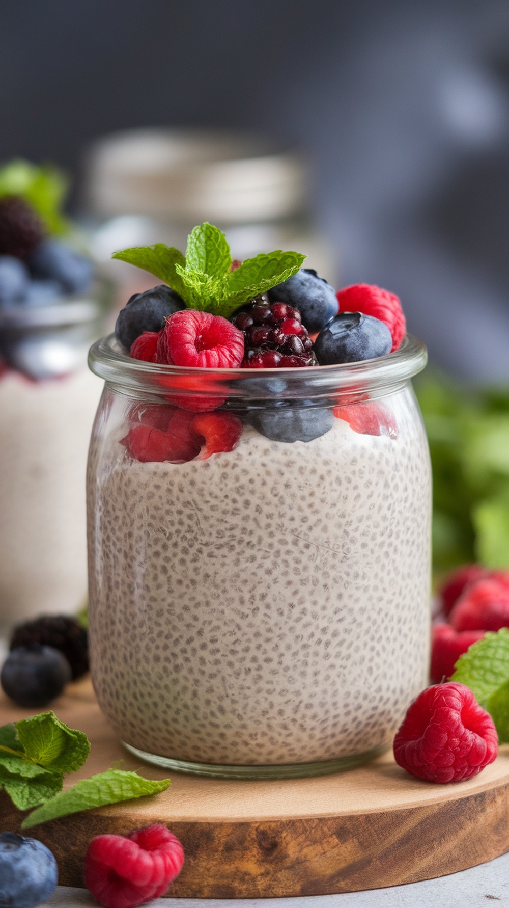 A jar of chia seed pudding topped with fresh berries and mint leaves.