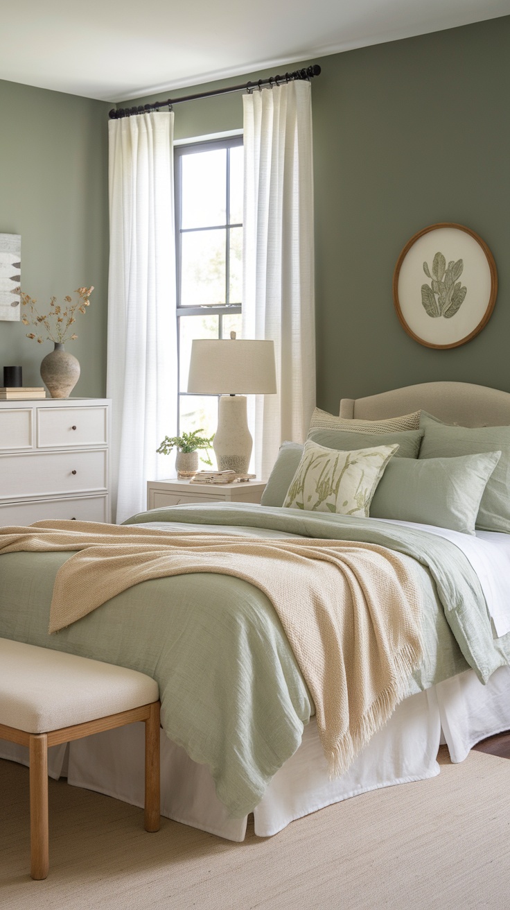 A cozy bedroom featuring sage green walls, light bedding, and natural decor elements.