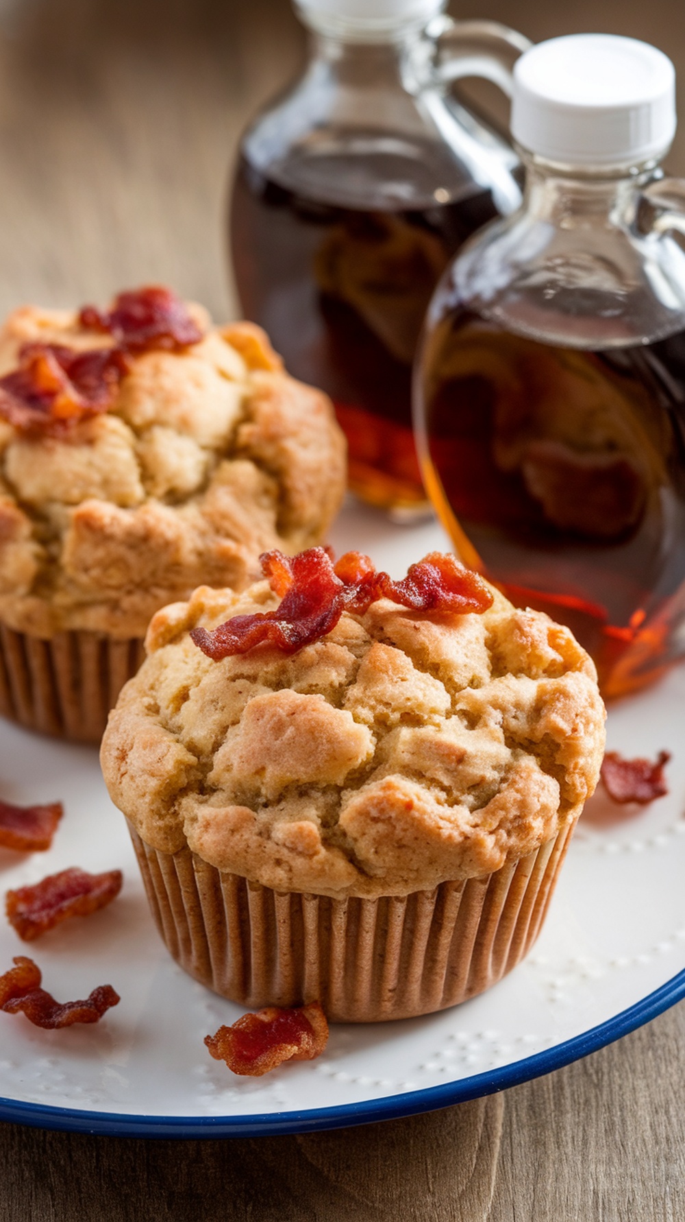 Maple bacon muffins with crispy bacon and syrup in the background