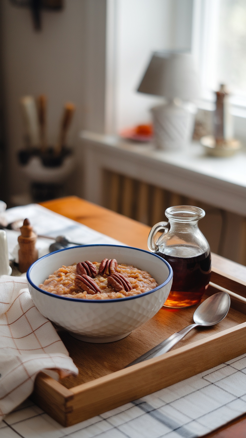 Delicious bowl of maple pecan oatmeal served with a side of maple syrup