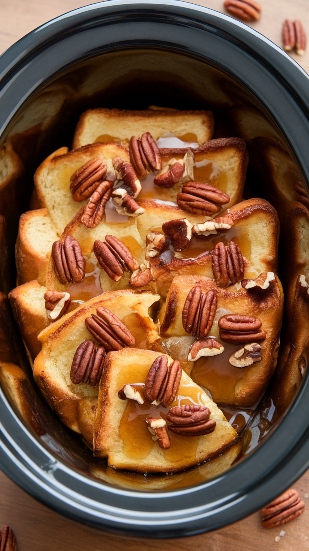 A slow cooker filled with Maple Pecan Overnight French Toast topped with pecans and maple syrup.