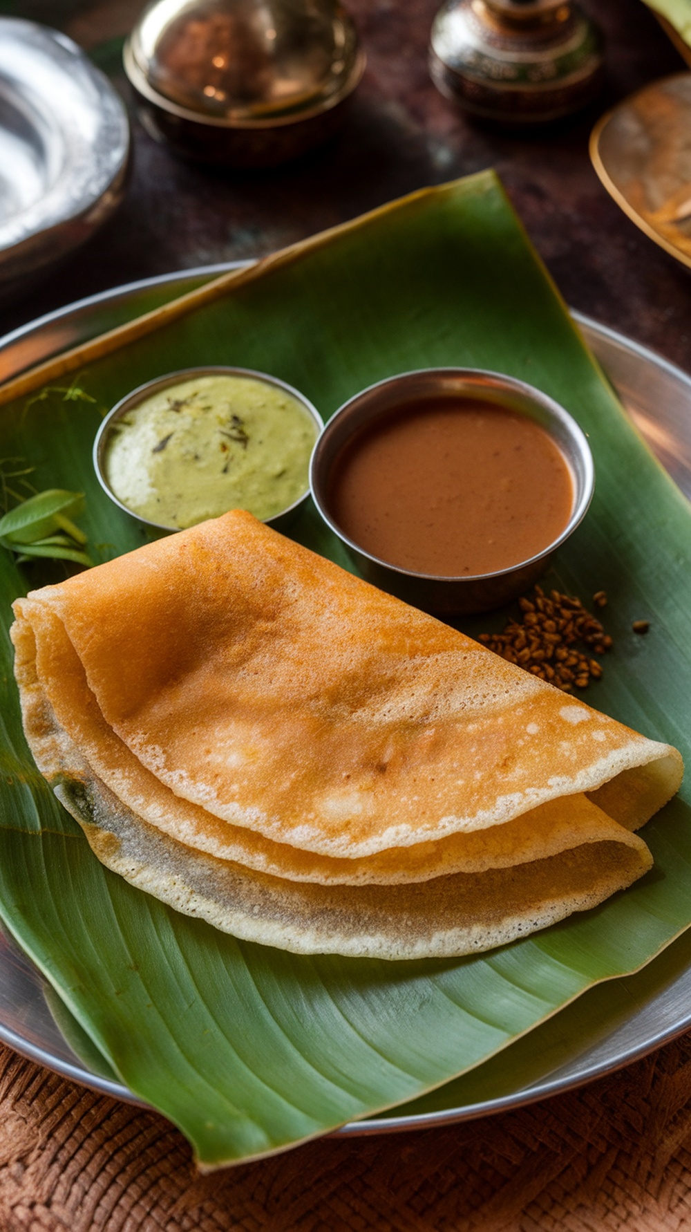 A plate of Masala Dosa served with coconut chutney, featuring crispy crepes and a spiced potato filling.
