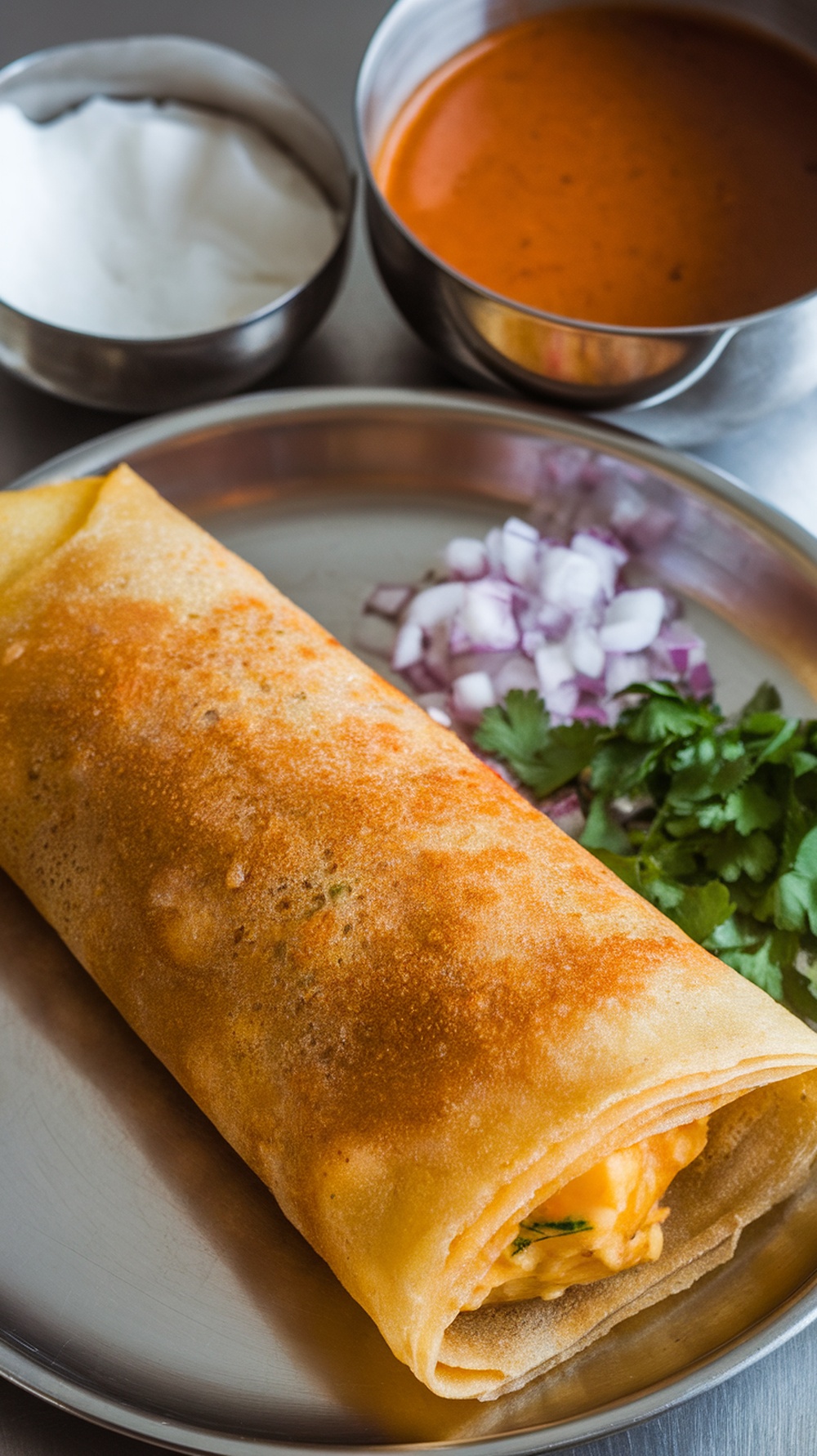 Delicious masala dosa served with coconut chutney and sambar.