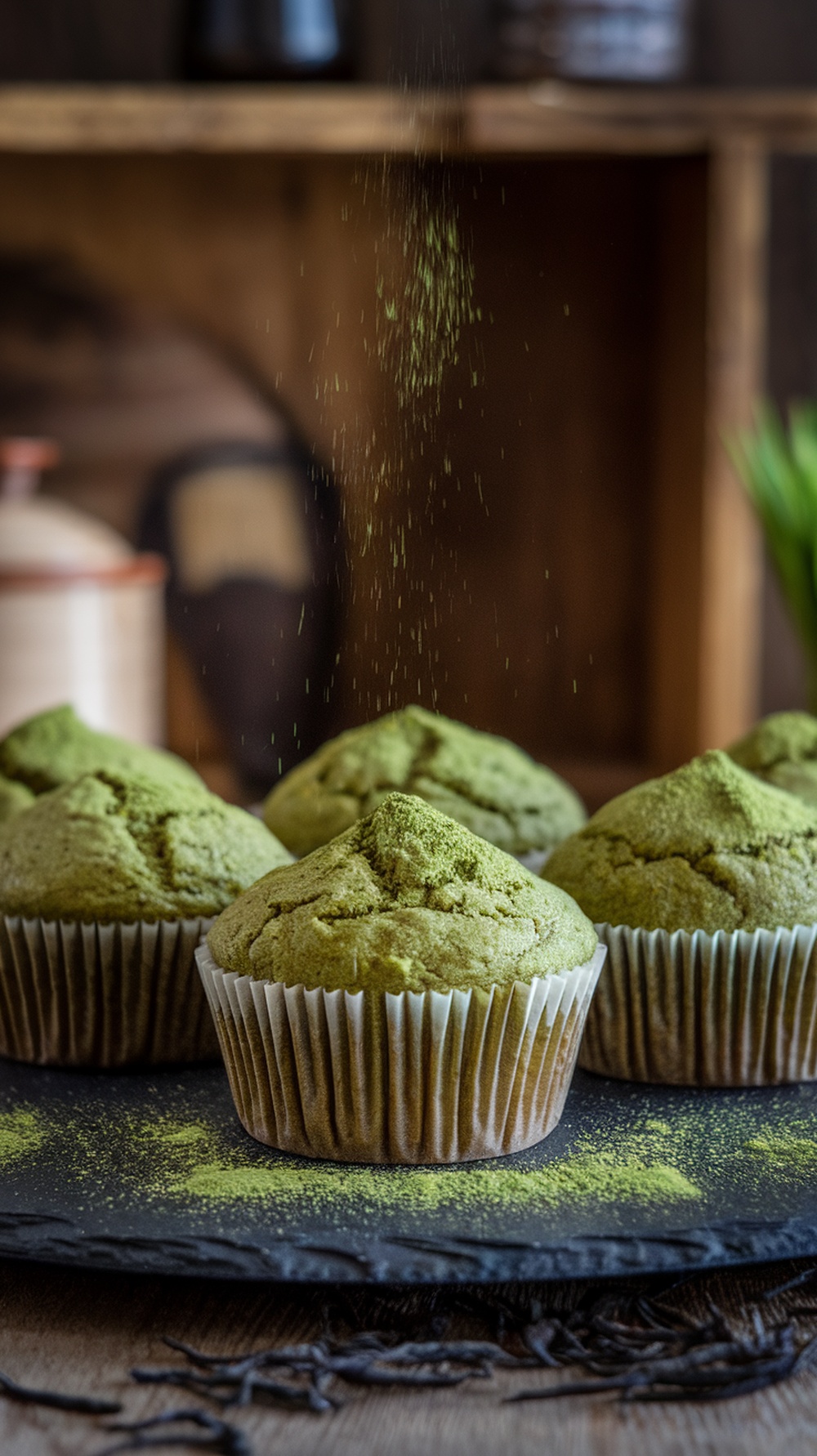 Matcha green tea muffins on a slate board