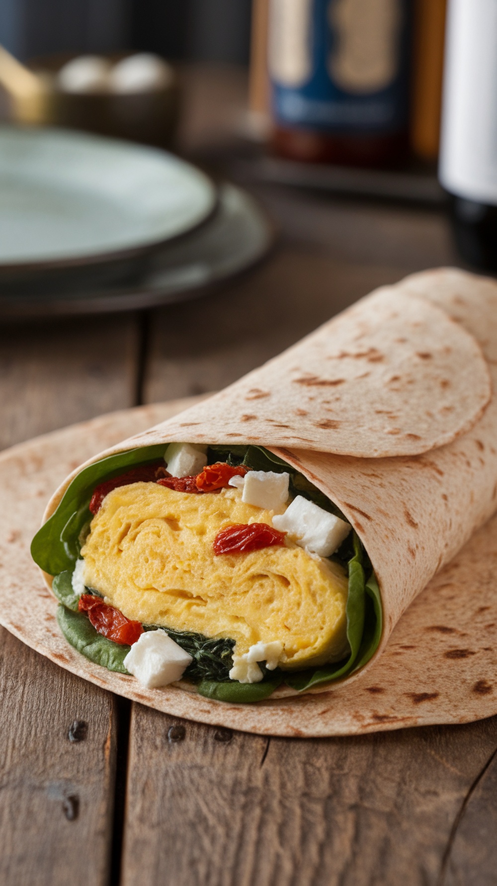 A Mediterranean Omelette Wrap featuring a fluffy omelette, spinach, sun-dried tomatoes, and feta cheese, wrapped in a whole wheat wrap.