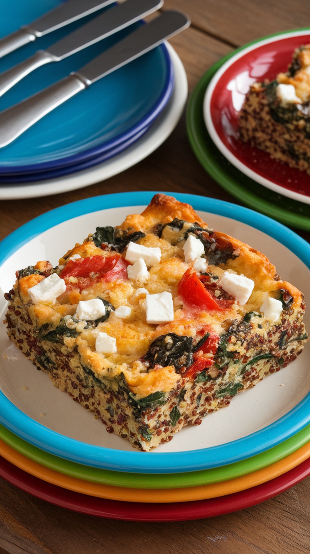 Mediterranean quinoa breakfast casserole slice on a colorful plate