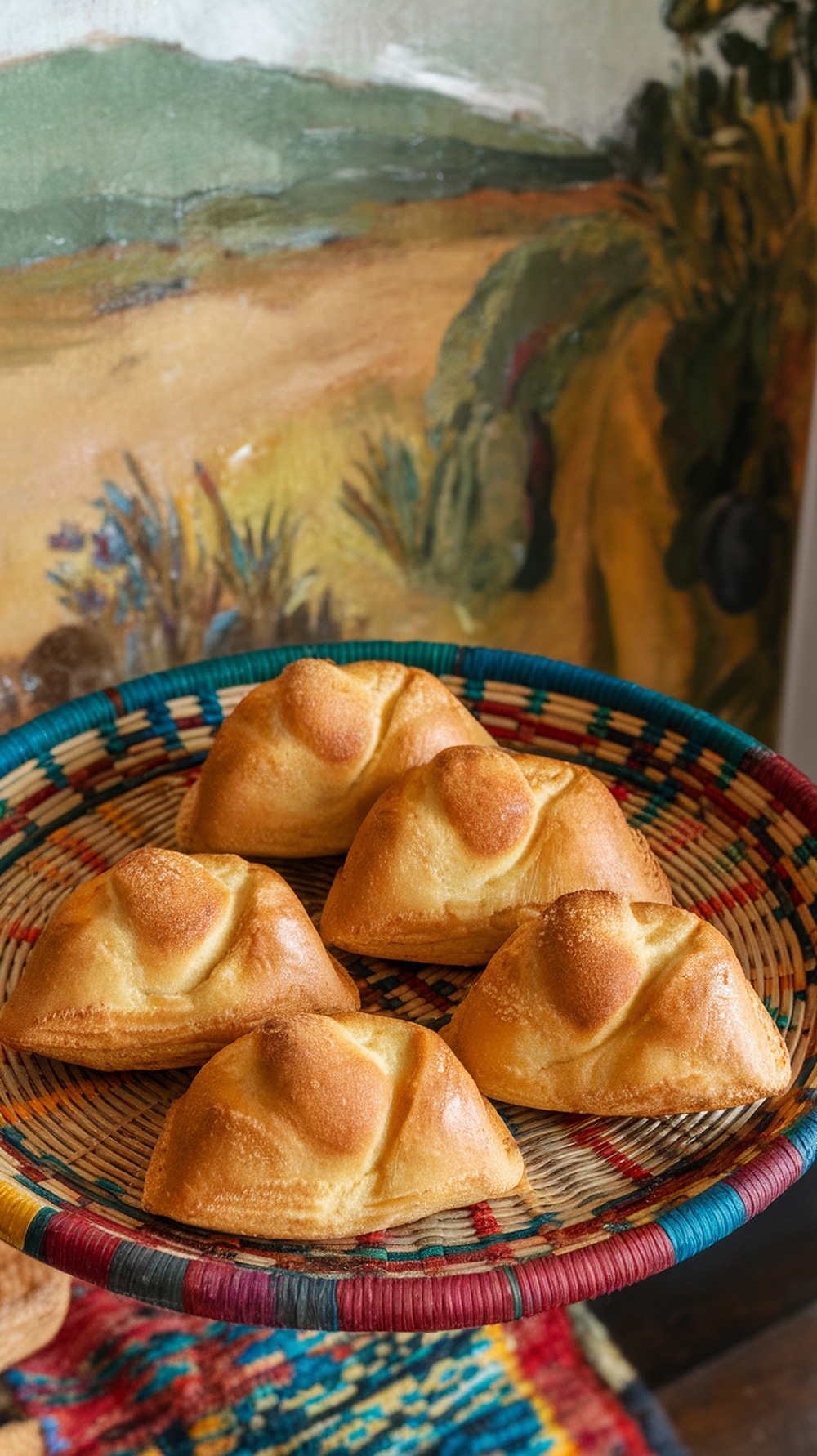 A basket of freshly baked Mexican sweet bread, known as Conchas.