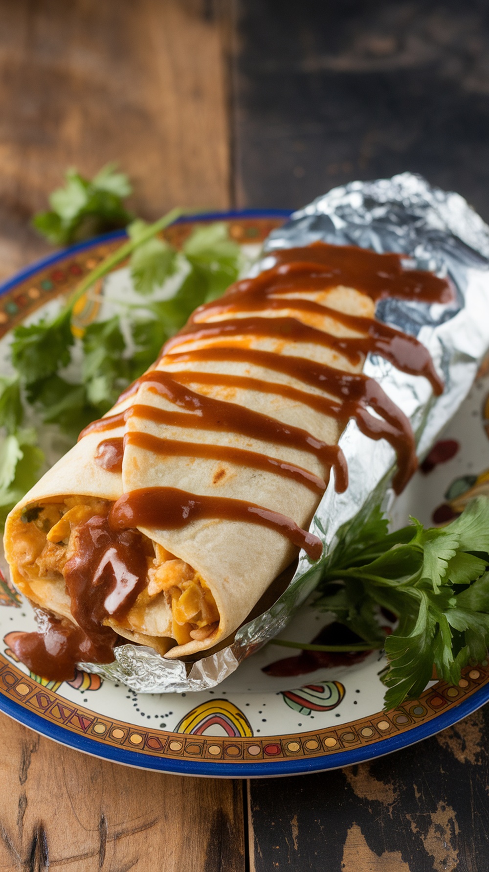 Breakfast burrito topped with mole sauce and garnished with cilantro
