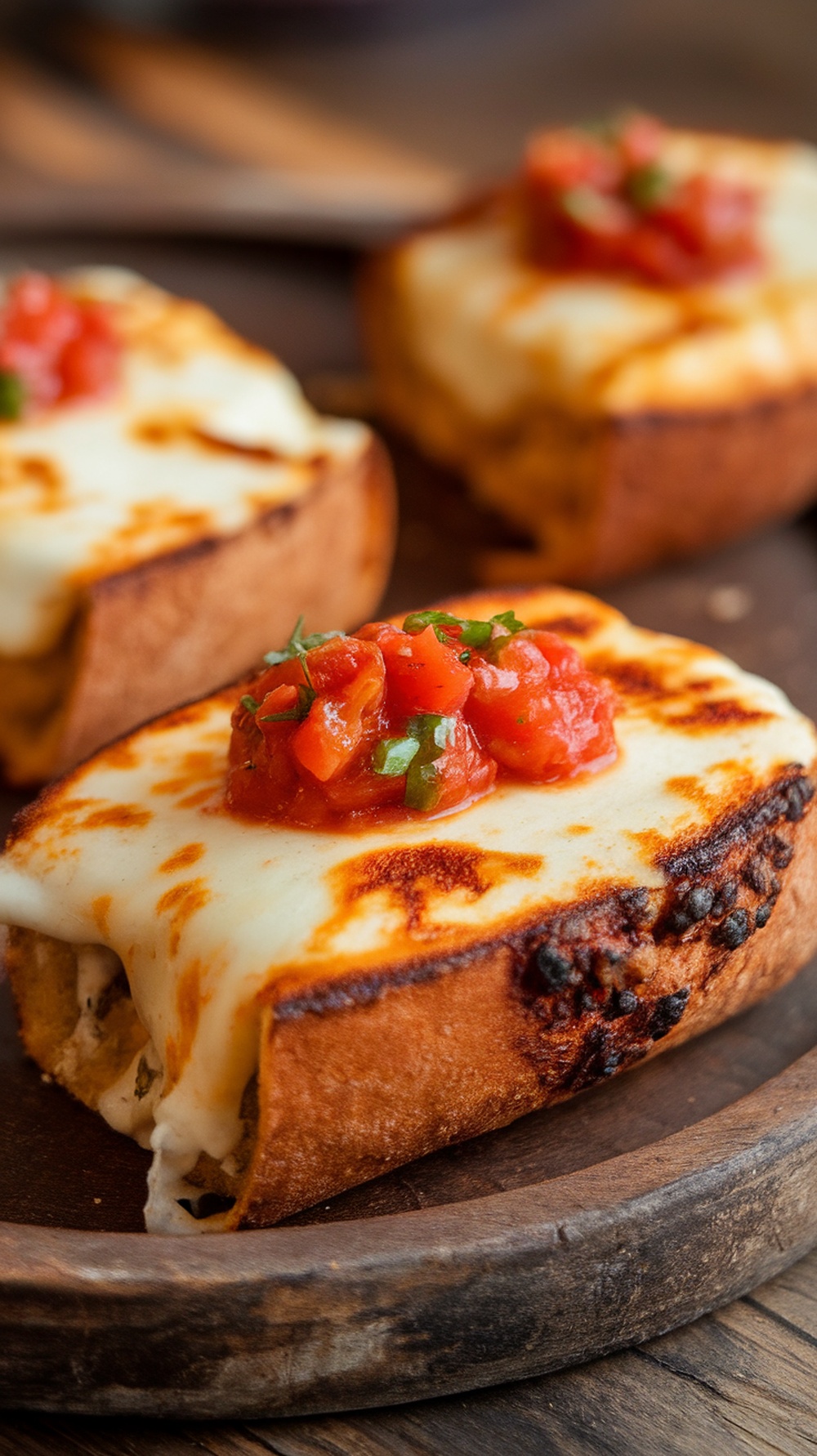 Delicious molletes with cheese and salsa on toasted bolillo bread.