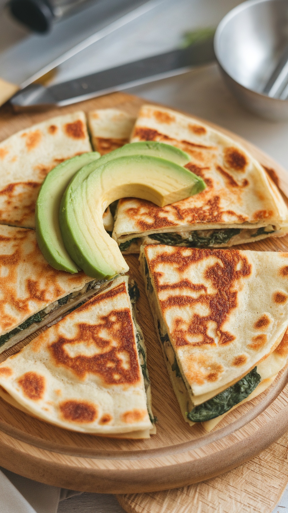 A delicious mushroom and spinach breakfast quesadilla served with avocado slices.