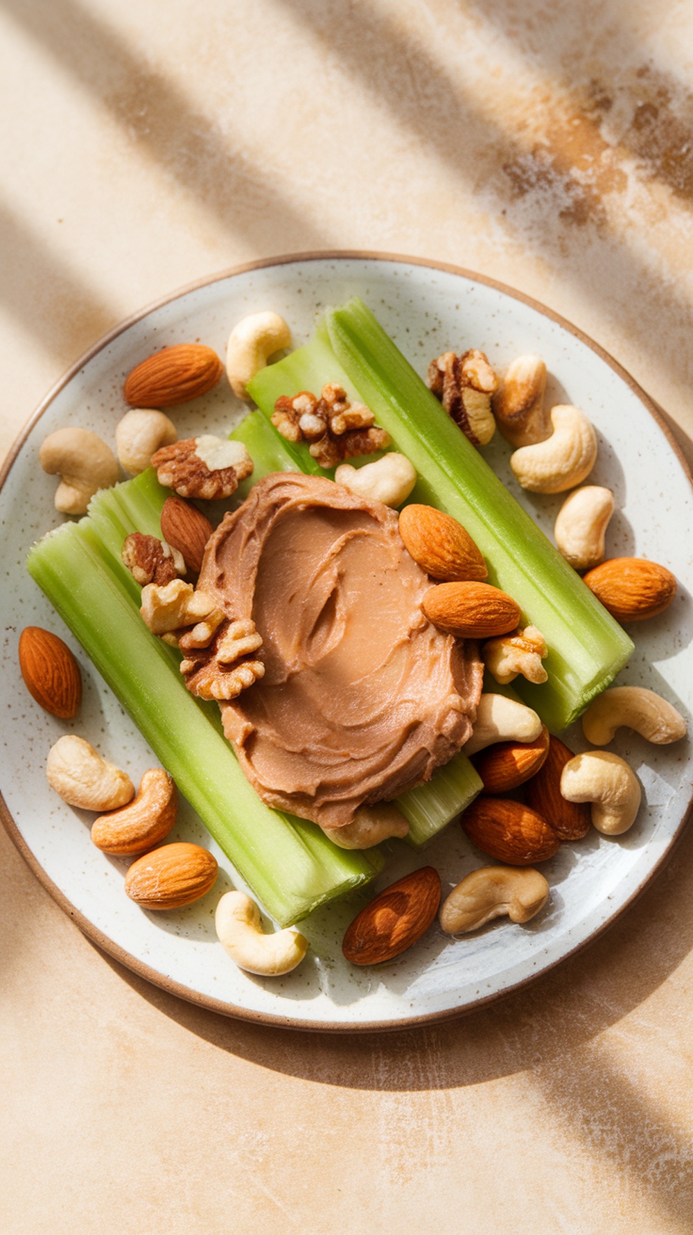 Nut butter spread on celery sticks with a variety of nuts on the side