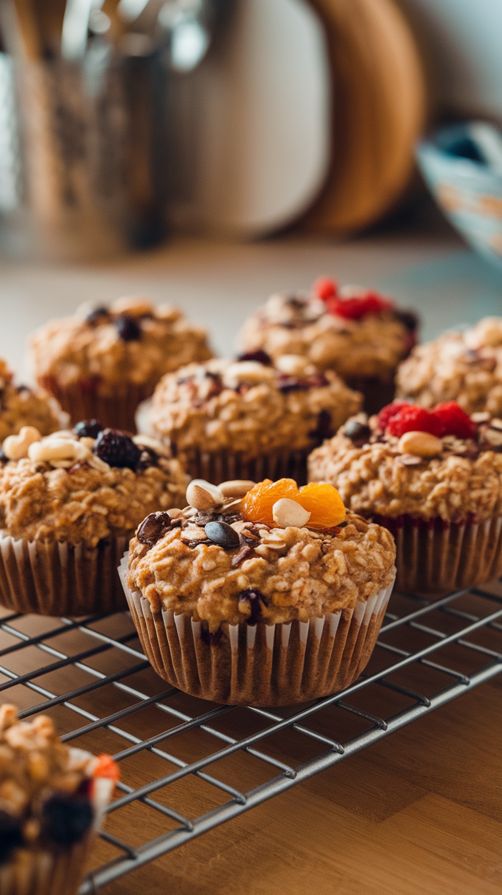 Delicious oatmeal breakfast muffins topped with nuts and dried fruits.