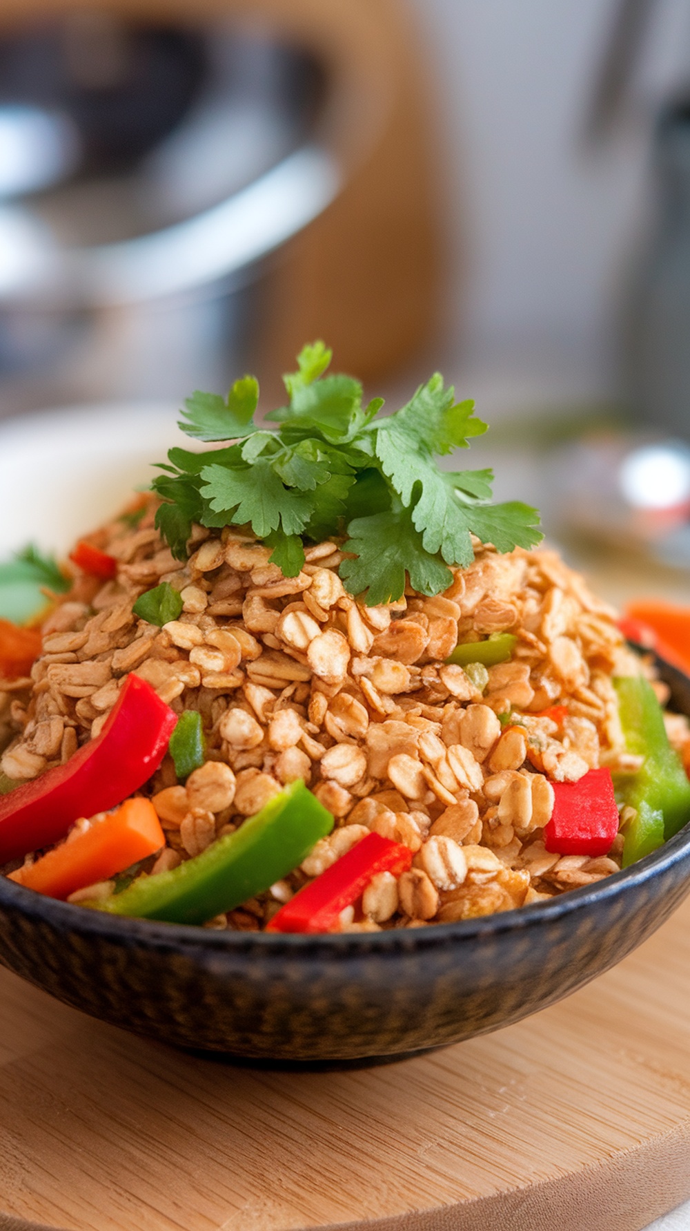 A bowl of Oats Poha with colorful vegetables garnished with coriander.