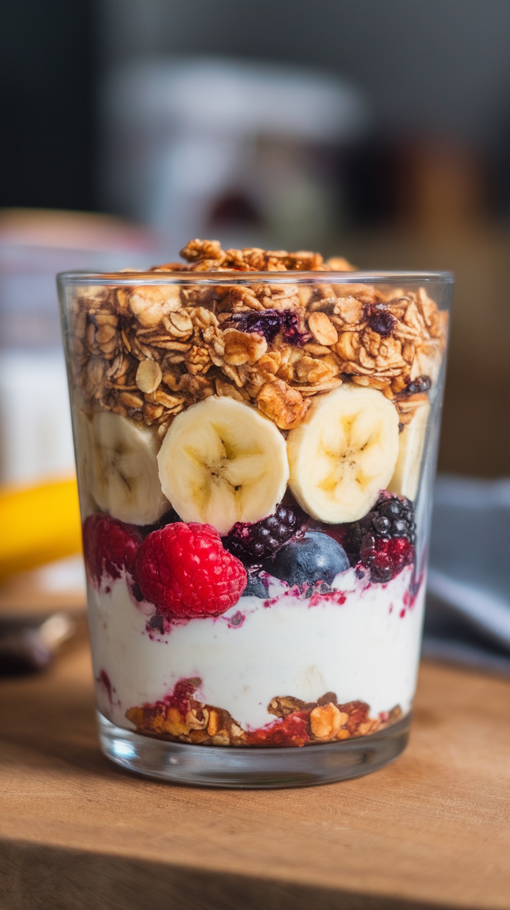 A delicious overnight banana and berry parfait with yogurt, granola, and fresh fruits.