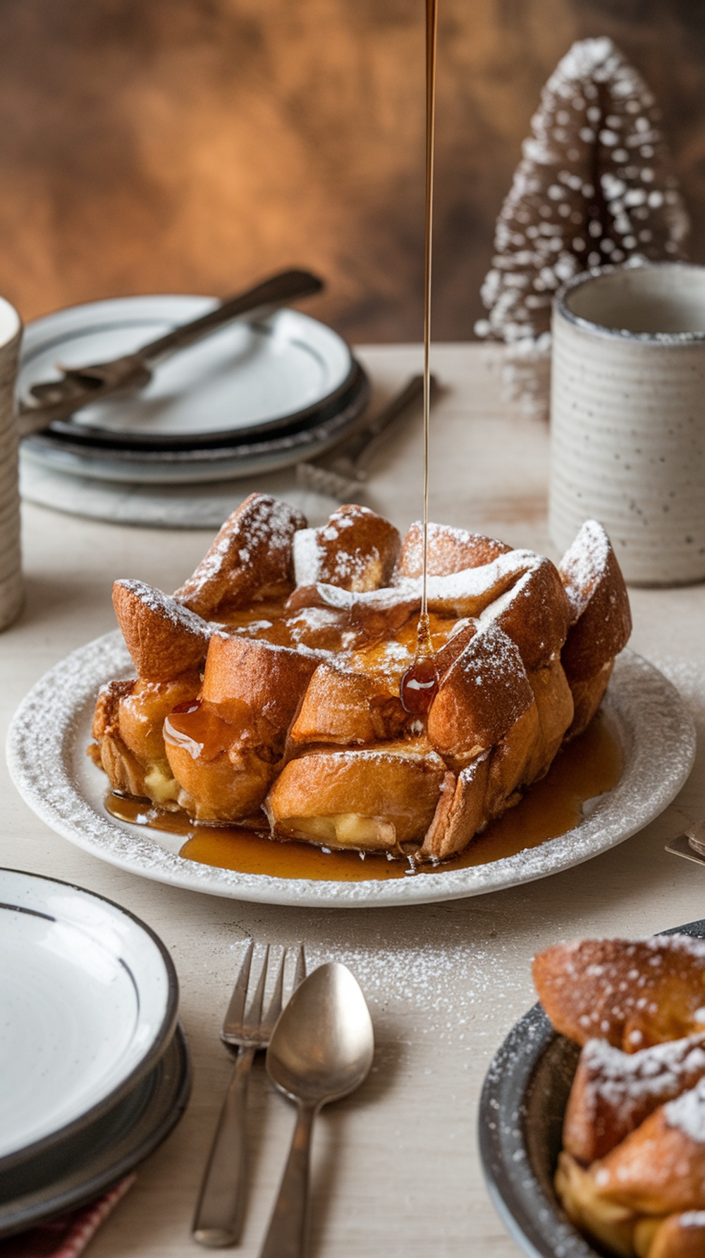 A delicious Overnight French Toast Casserole topped with syrup and powdered sugar