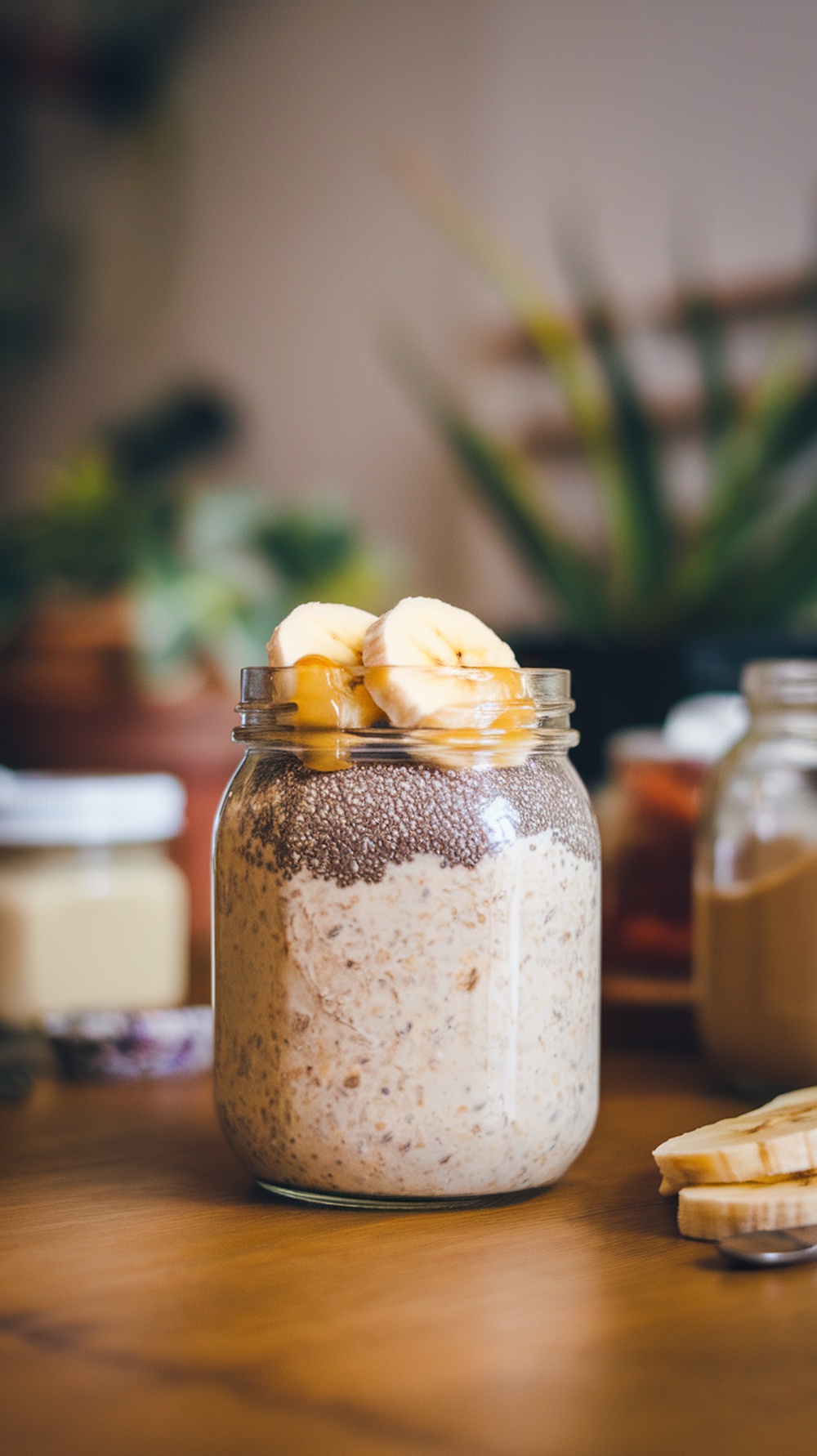 A jar of overnight oats topped with banana slices and chia seeds.