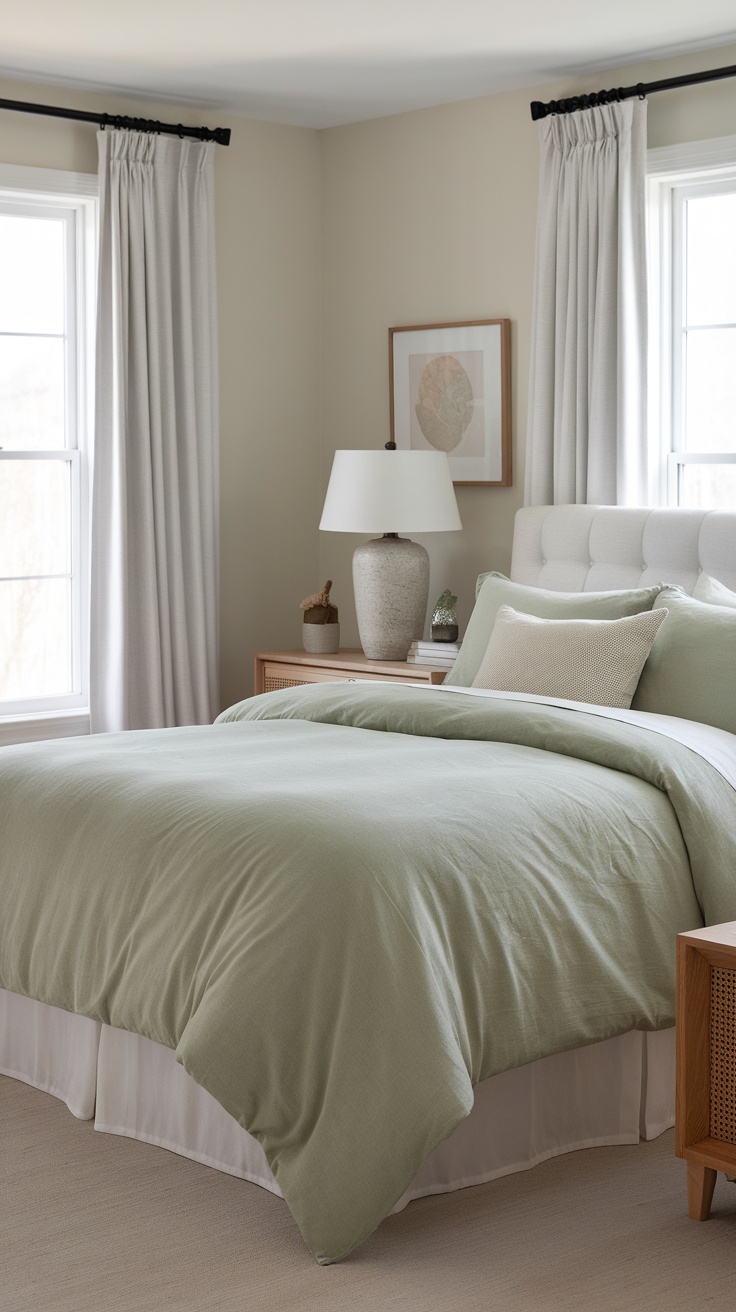Cozy bedroom featuring a sage green bedspread on a neatly made bed with light curtains and modern decor.