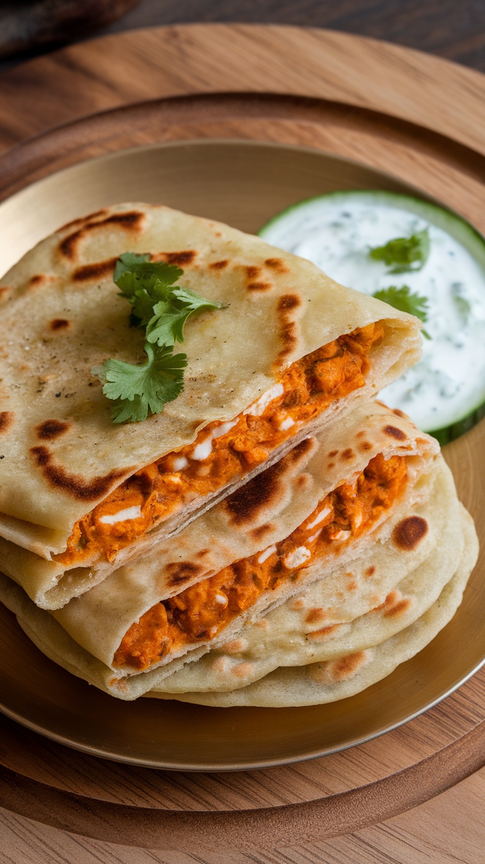Delicious Paneer Paratha served with cucumber raita on the side