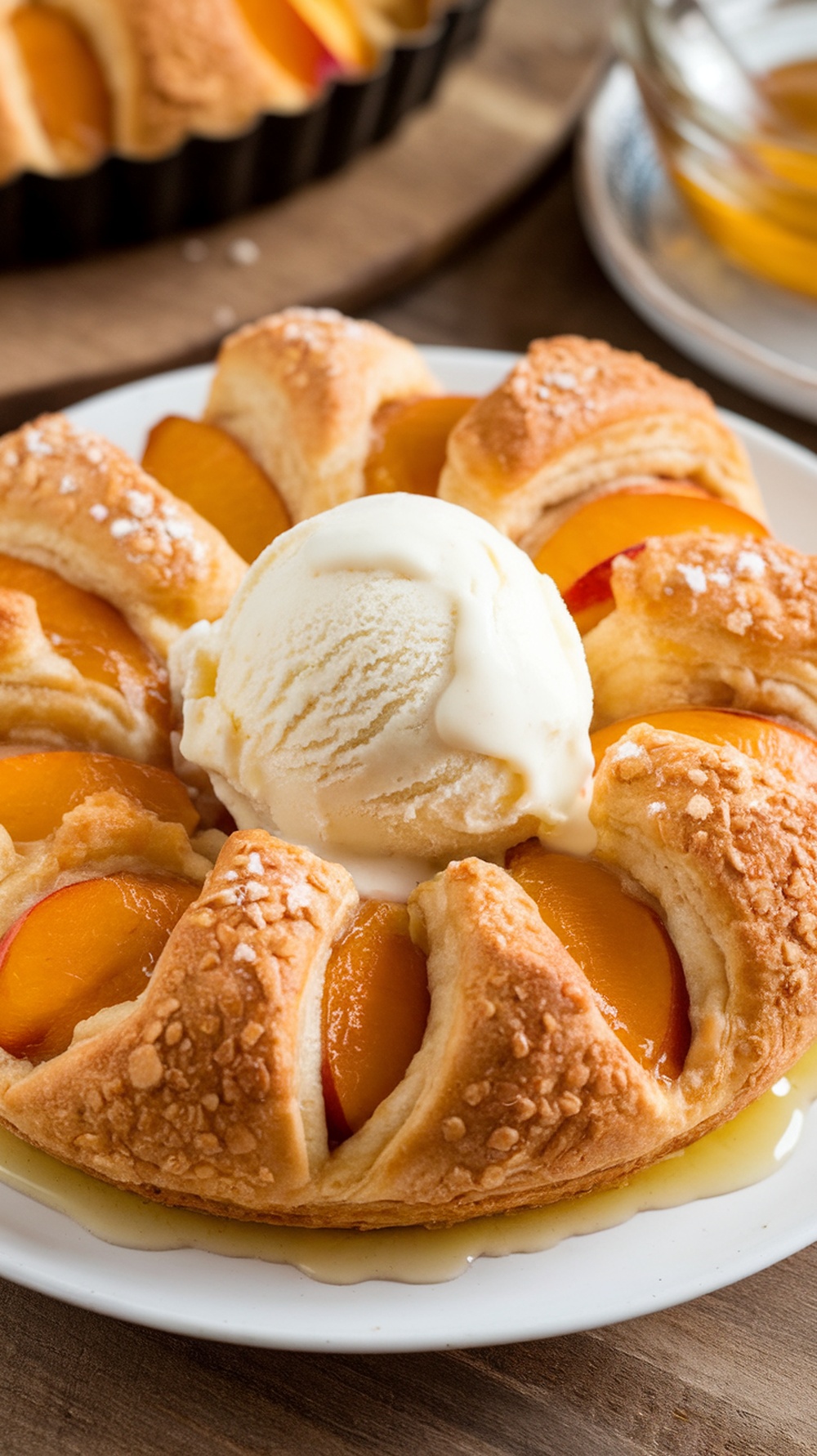 Peach and Almond Crescent Roll Tart with vanilla ice cream on top