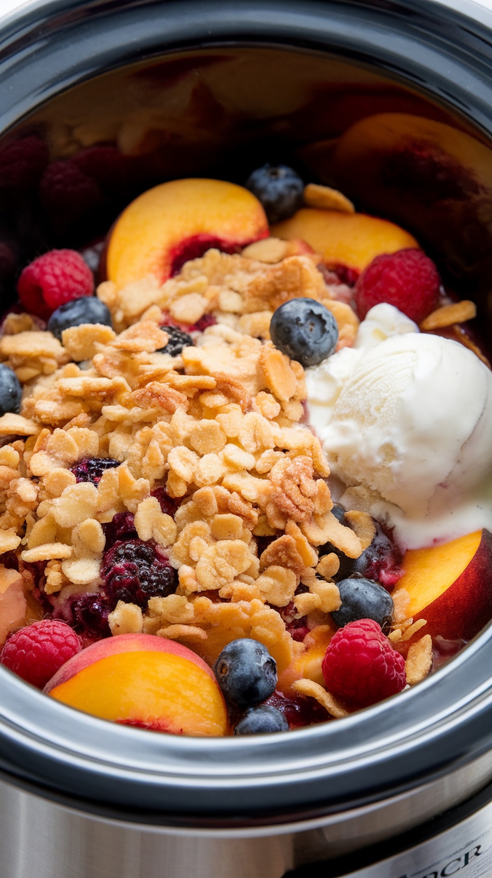 Delicious peach and berry breakfast crisp in a crockpot.