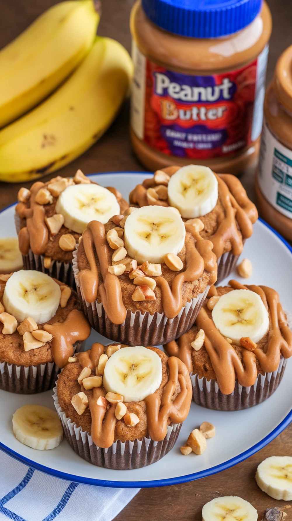 Delicious peanut butter banana muffins topped with banana slices and chopped nuts