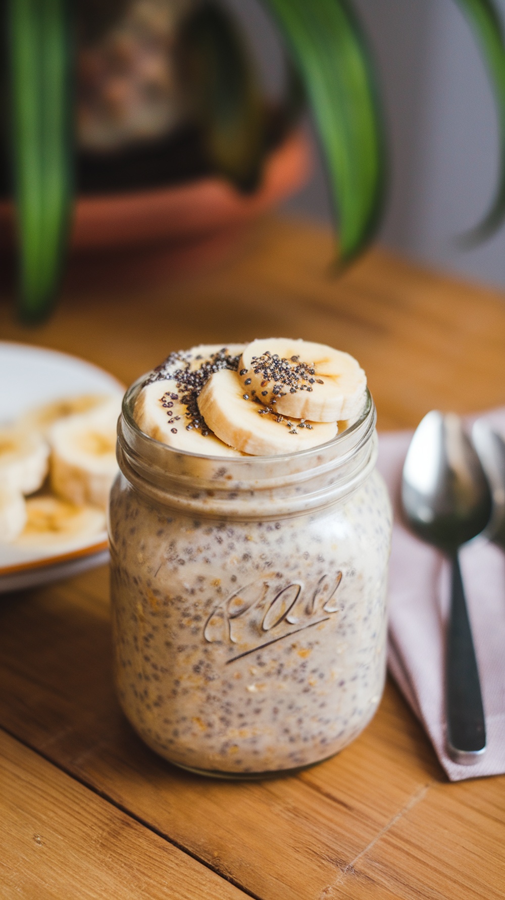 A jar of peanut butter banana overnight oats topped with banana slices and chia seeds.