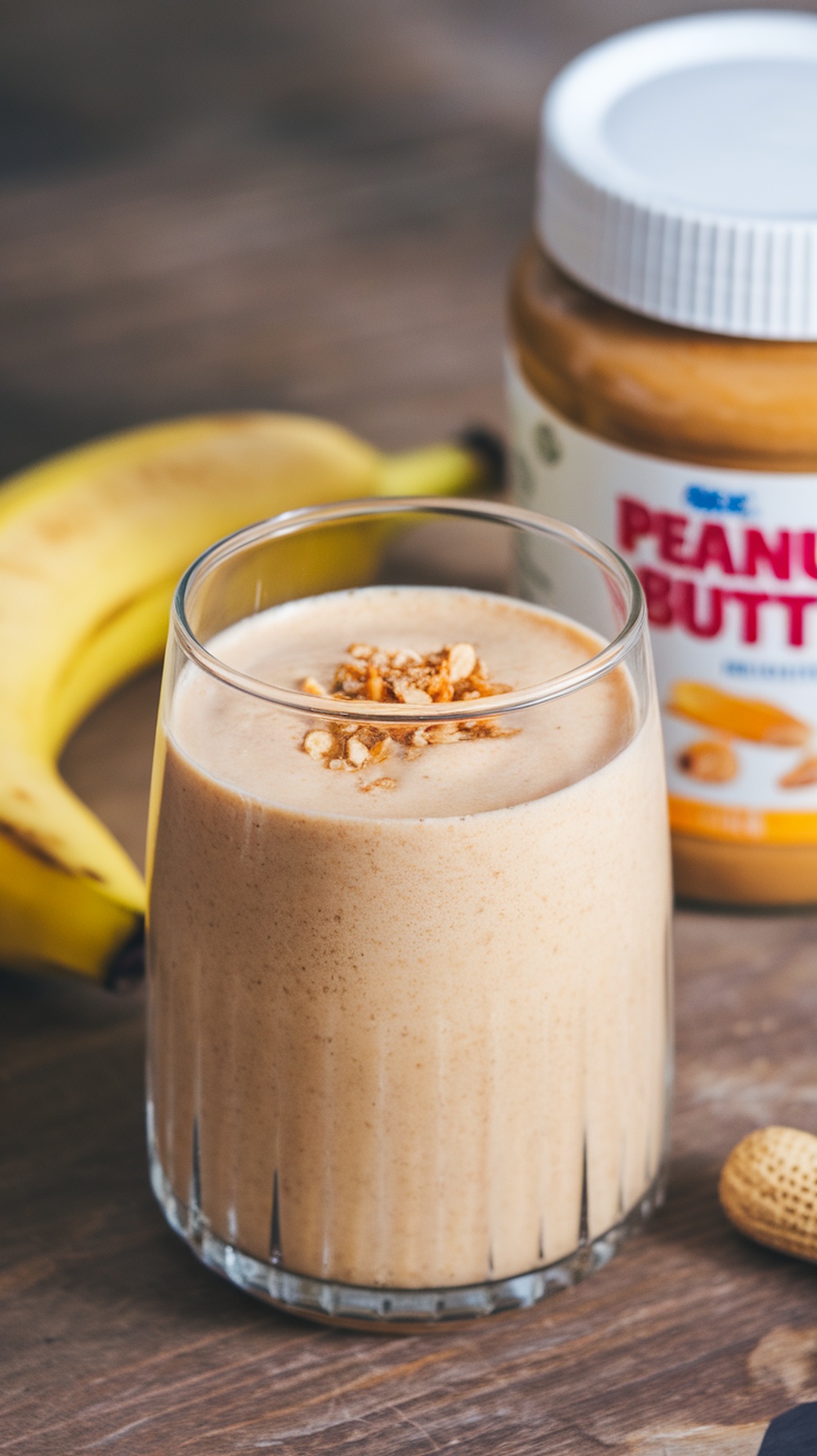 A creamy peanut butter banana smoothie topped with granola.