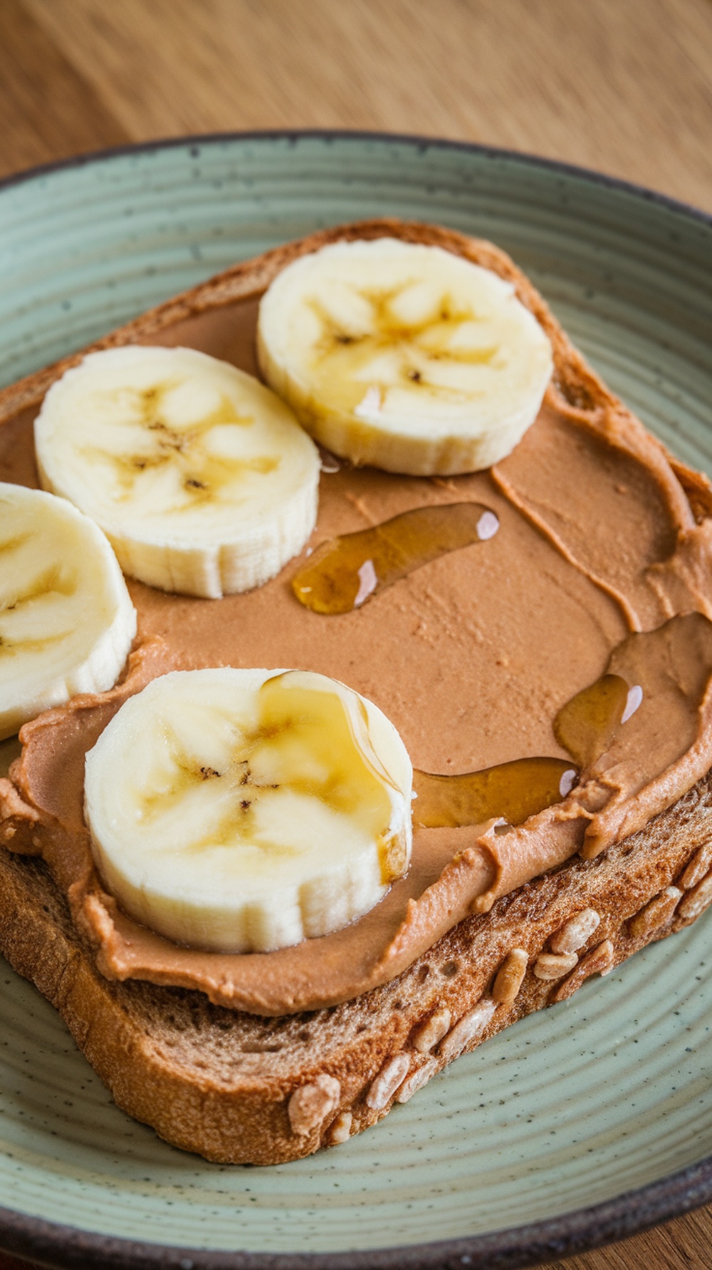 A slice of toast topped with peanut butter and banana slices.