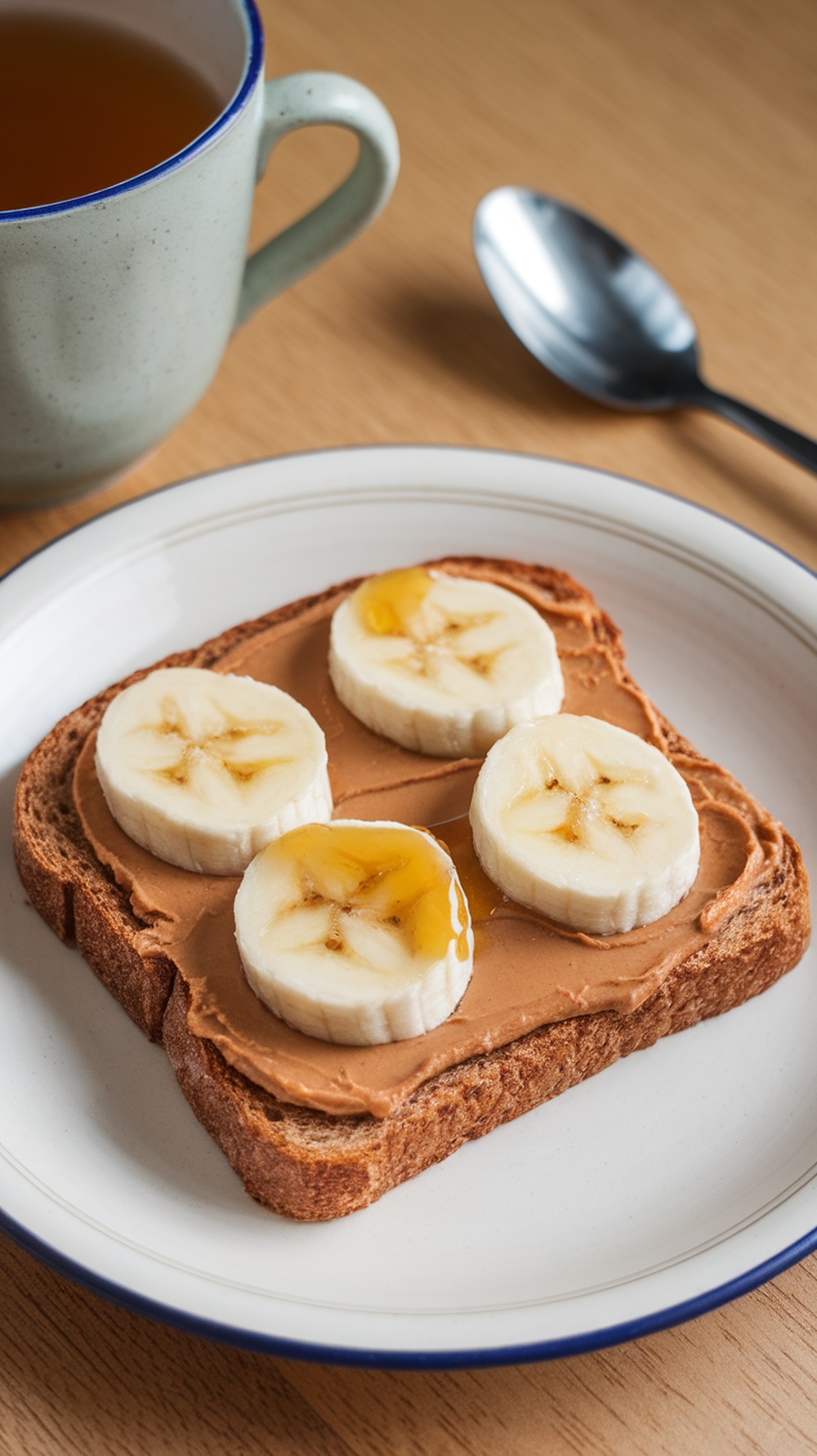 Peanut Butter Banana Toast with honey and cinnamon on whole grain bread.