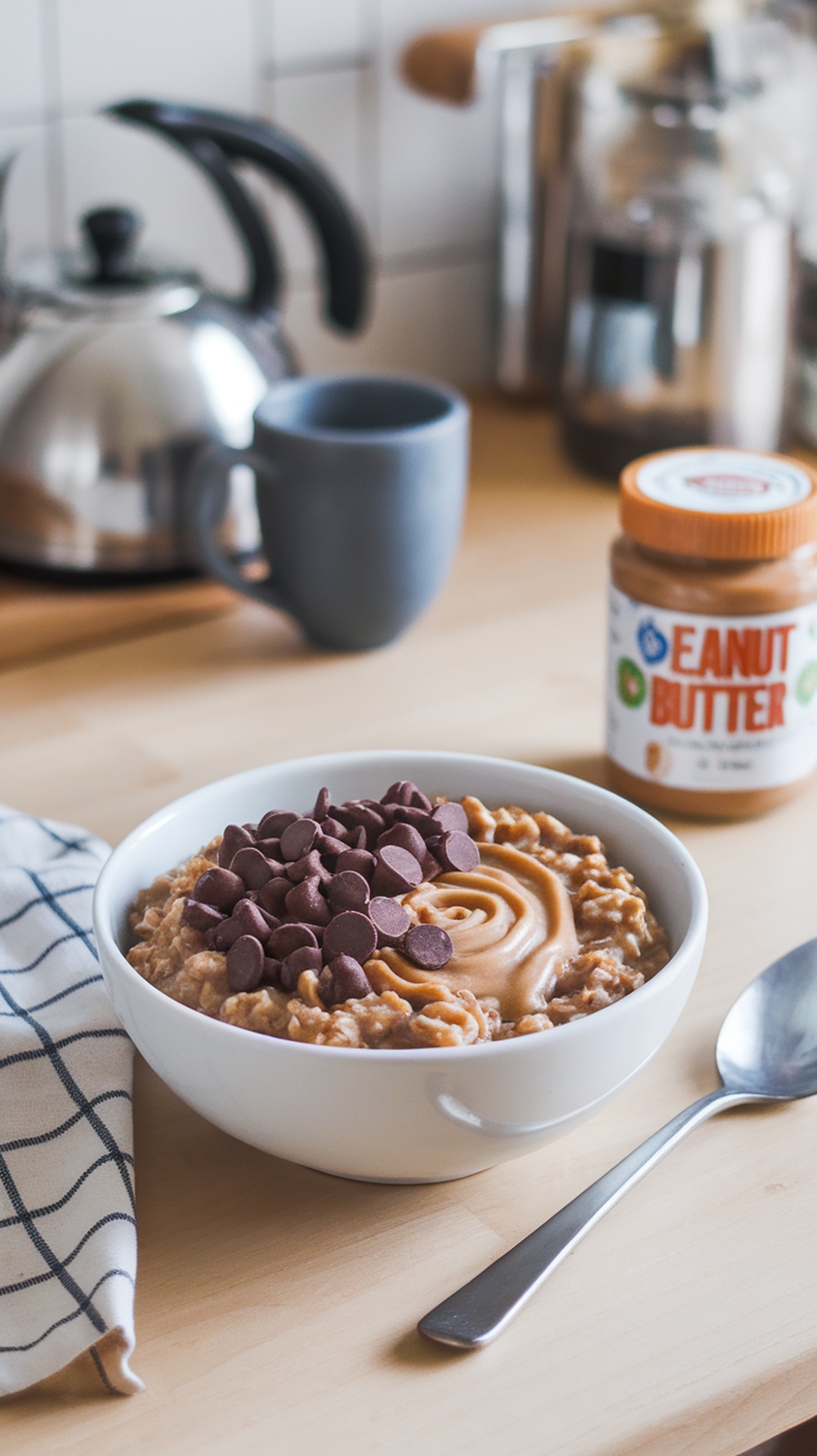 A bowl of peanut butter chocolate oatmeal topped with chocolate chips.